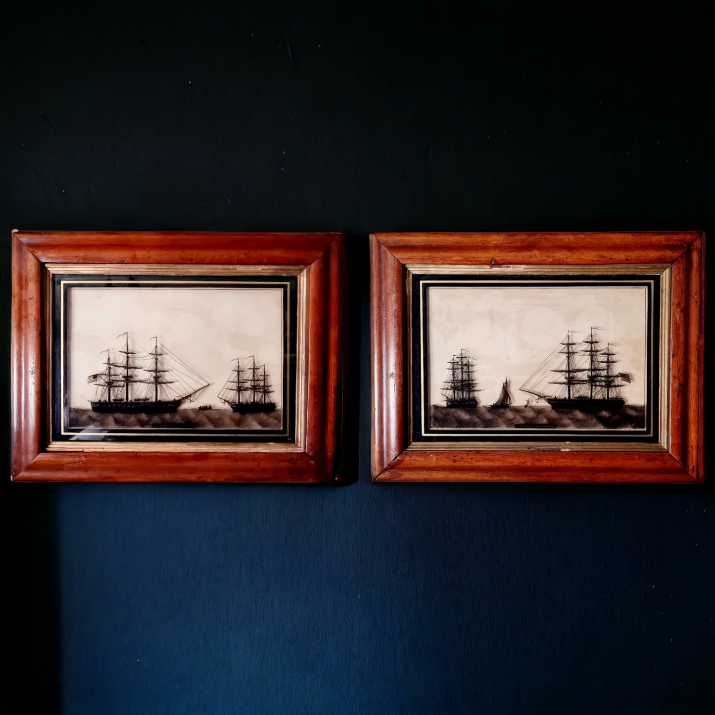 A Fine Pair of Late 18th Century American Nautical Antique Reverse Paint on Glass Silhouette Pictures of US "Perseverence" & USS "Constitution", circa 1797