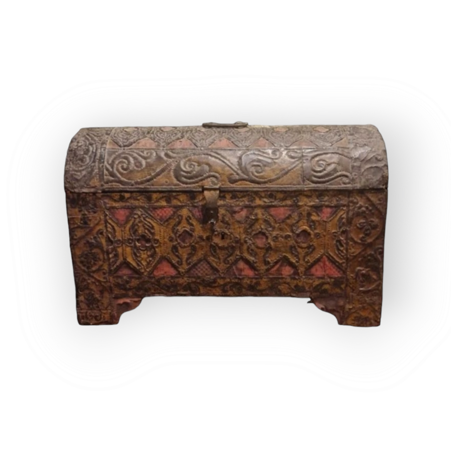 Mid-17th Century Iberian Antique Repousee-Worked Sheet Iron And Velvet Covered Table Casket / Table Top Box, Circa 1650