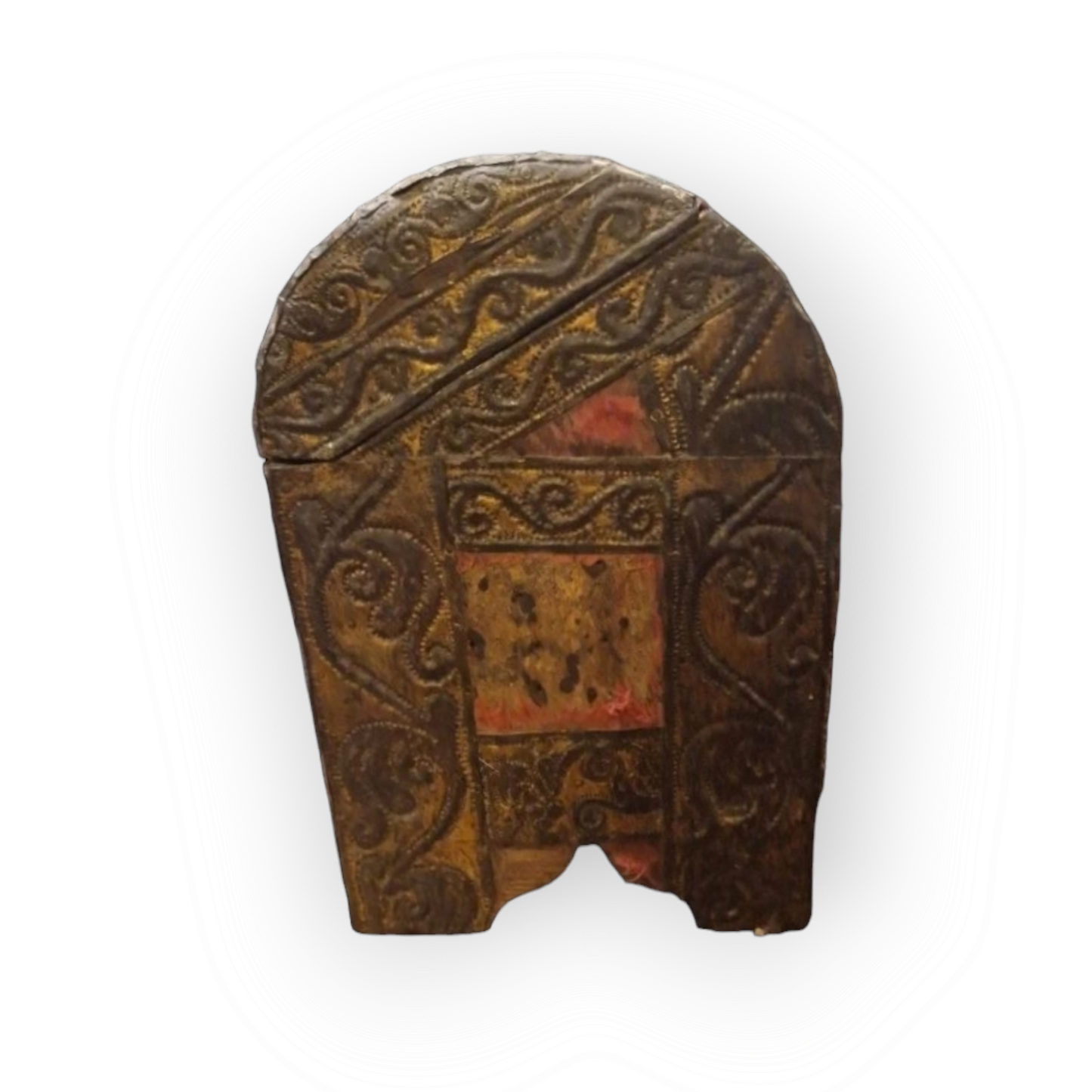 Mid-17th Century Iberian Antique Repousee-Worked Sheet Iron And Velvet Covered Table Casket / Table Top Box, Circa 1650