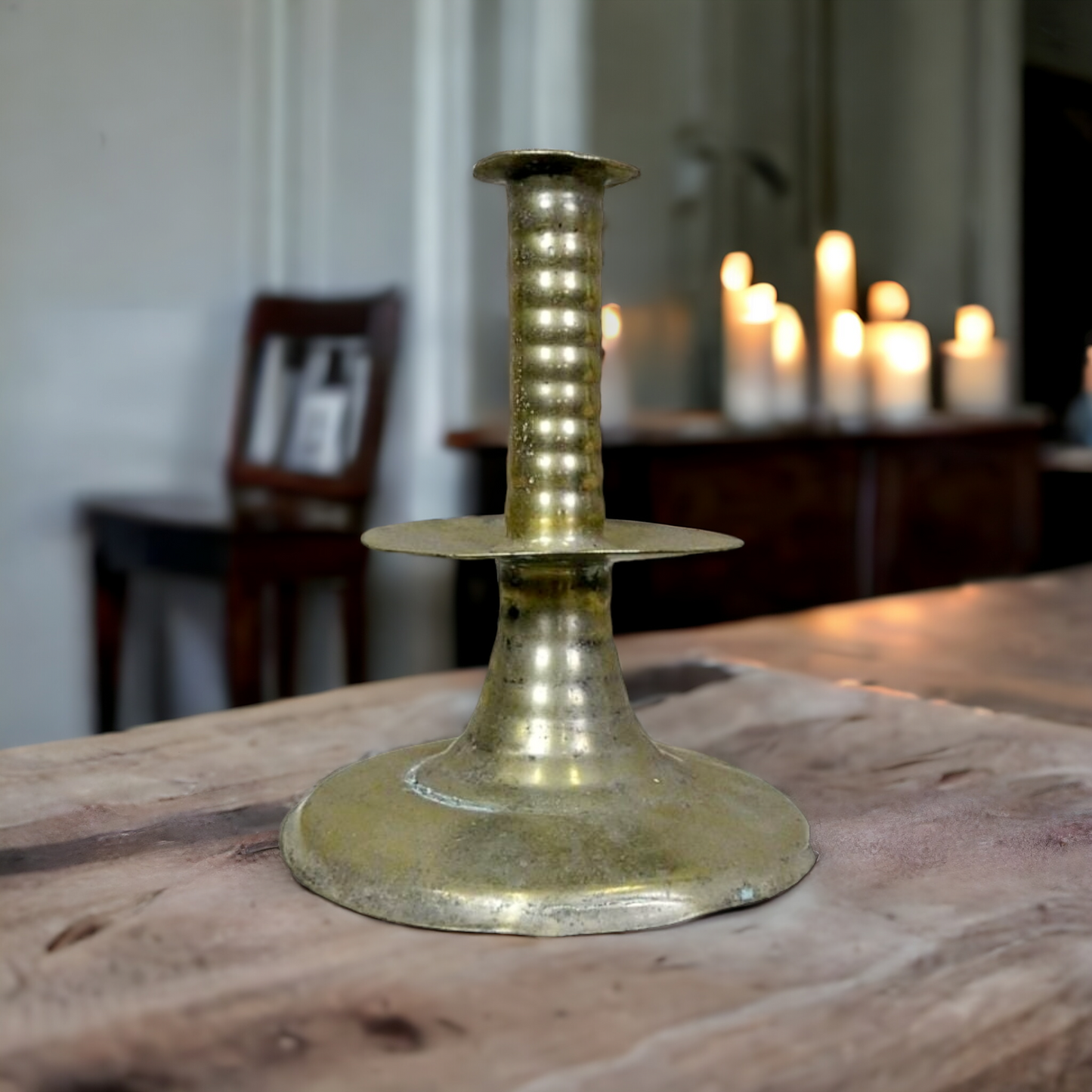 Rare 17th Century English Antique Brass Trumpet-Base Candlestick, Circa 1650-1680