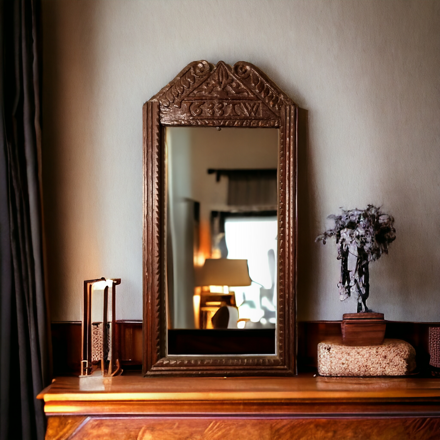 17th Century & Later English Antique Oak Mirror Frame or Picture Frame Carved "1633"