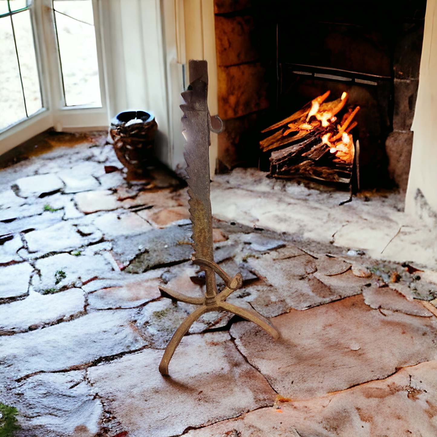 An Unusual 18th Century Welsh Antique Blacksmith-Made Wrought Iron Rise-and-Fall Fireside / Down Hearth Spit Stand