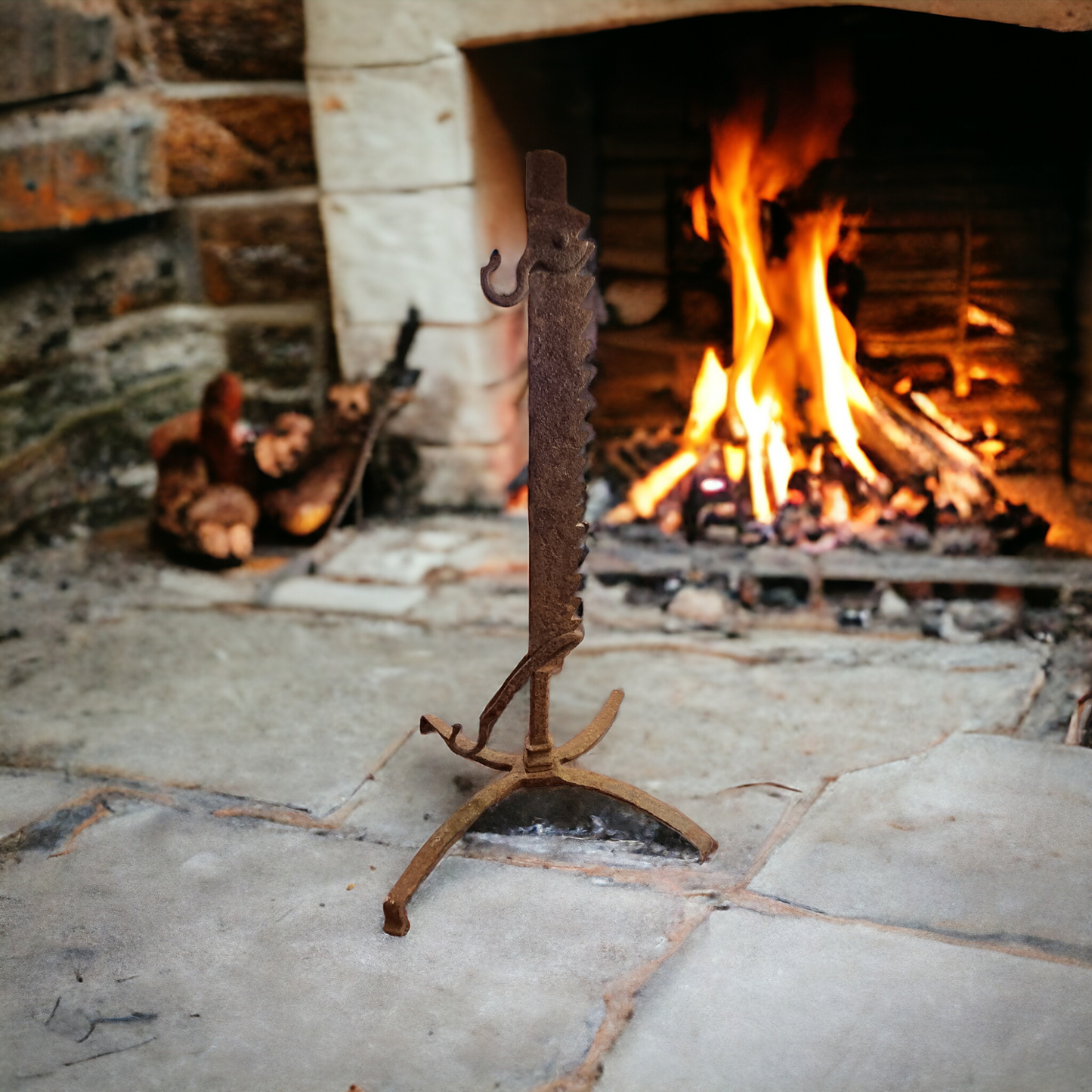 An Unusual 18th Century Welsh Antique Blacksmith-Made Wrought Iron Rise-and-Fall Fireside / Down Hearth Spit Stand