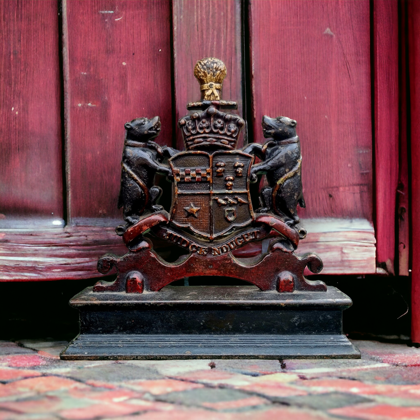 19th Century English Antique Cast Iron Armorial Door Stop or Door Porter