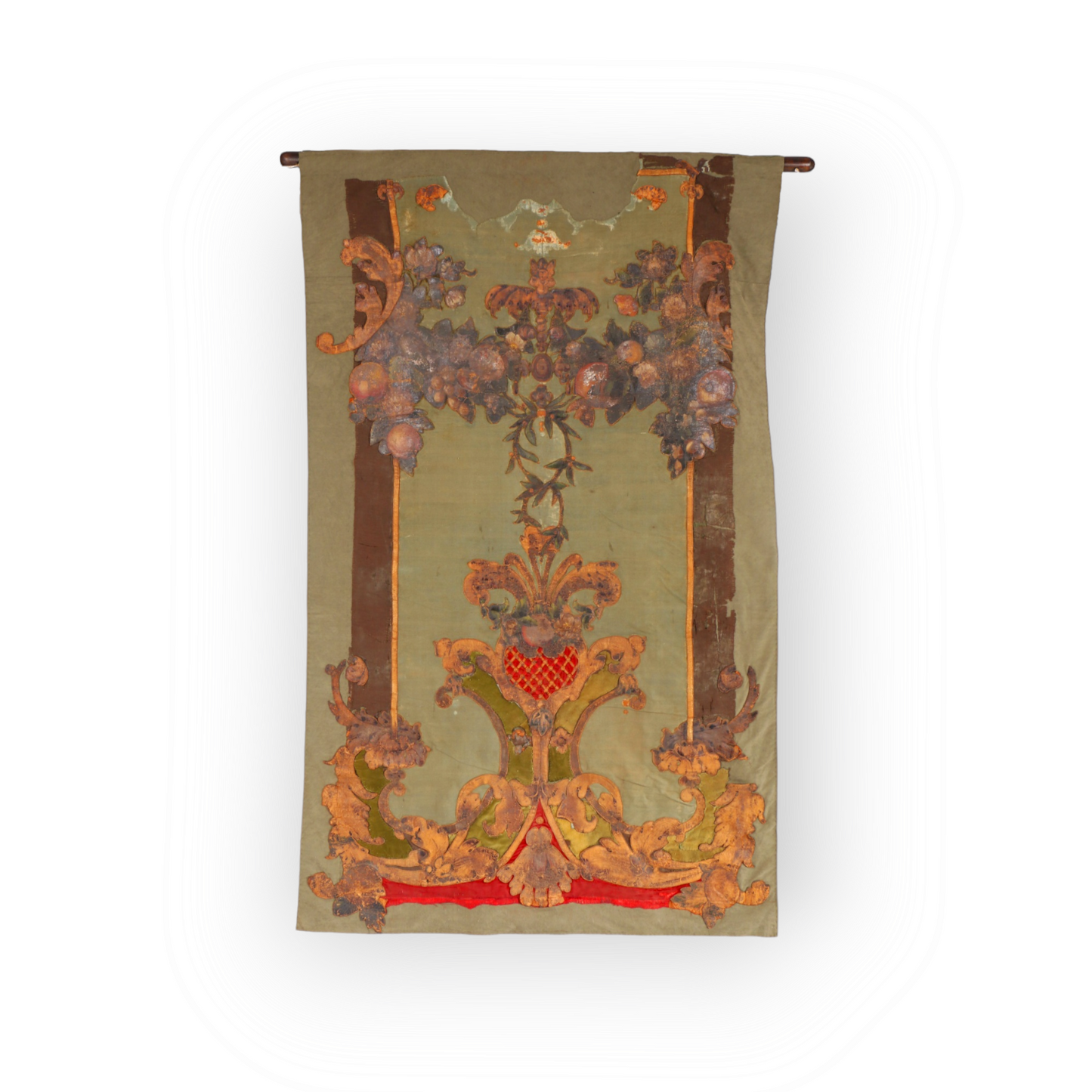 A Rare William & Mary Period, Late 17th Century English Antique Painted Leather, Velvet & Appliqué Wall Hanging, circa 1690