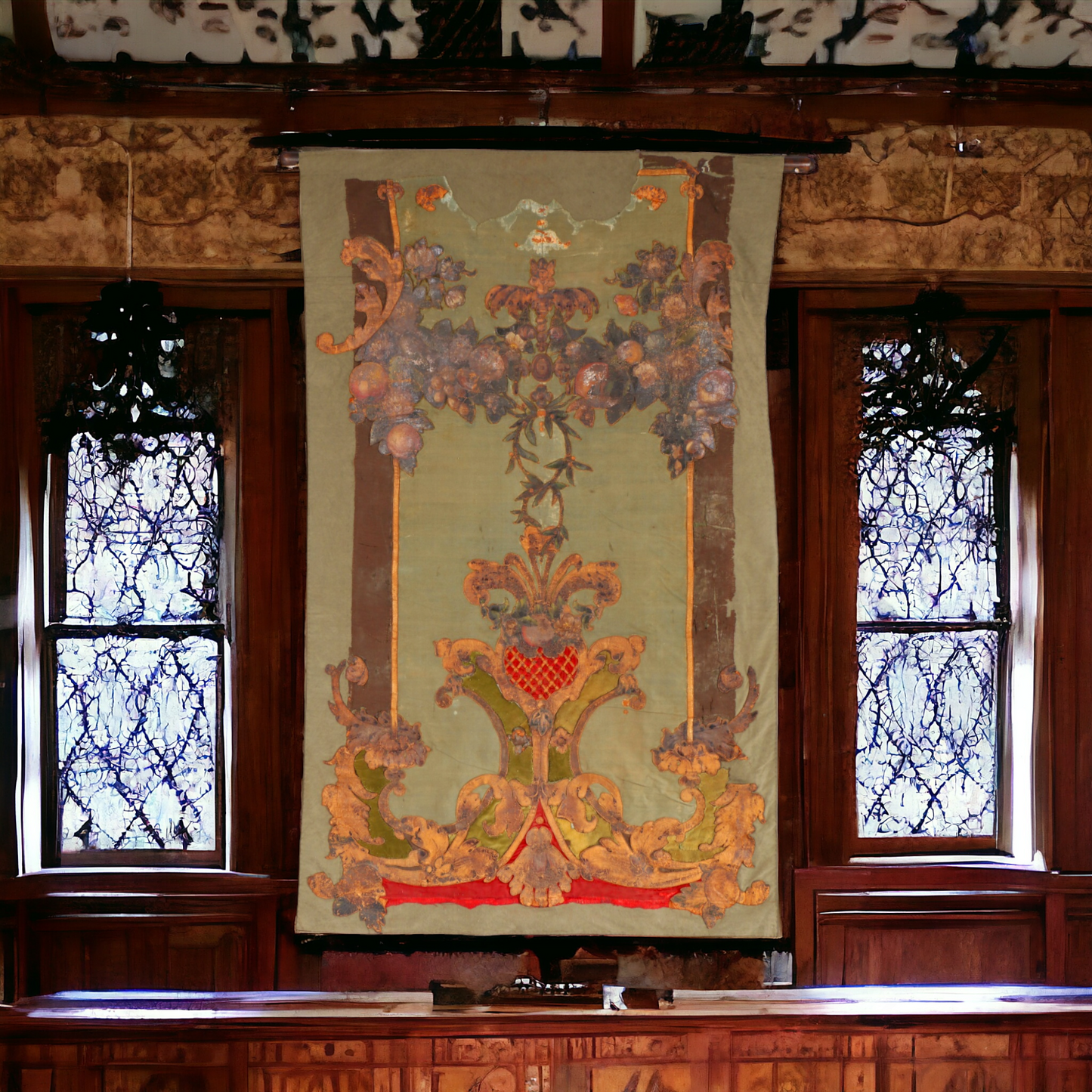 A Rare William & Mary Period, Late 17th Century English Antique Painted Leather, Velvet & Appliqué Wall Hanging, circa 1690