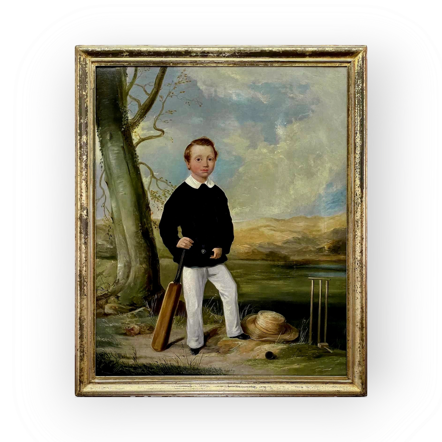 Large Mid-19th Century English Antique Oil on Canvas Entitled "The Young Cricketer" Signed "W.J.Chapman" & Dated "1856"