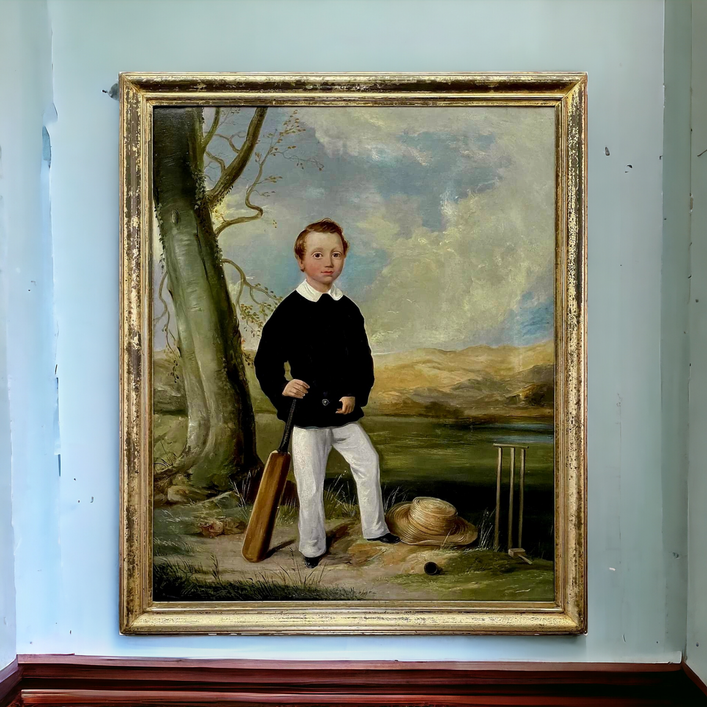 Large Mid-19th Century English Antique Oil on Canvas Entitled "The Young Cricketer" Signed "W.J.Chapman" & Dated "1856"