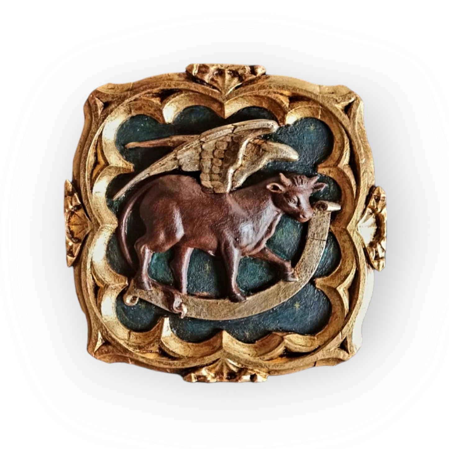 Large Late 18th Century Italian Antique Carved Wood Panel of a Winged Ox, The Symbol of Saint Luke