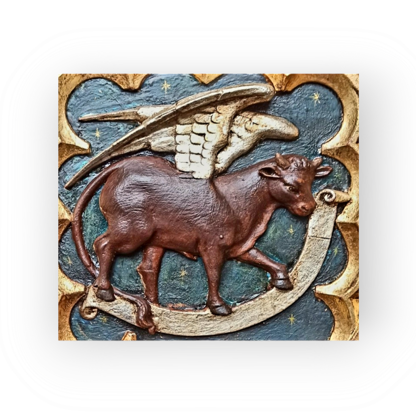 Large Late 18th Century Italian Antique Carved Wood Panel of a Winged Ox, The Symbol of Saint Luke