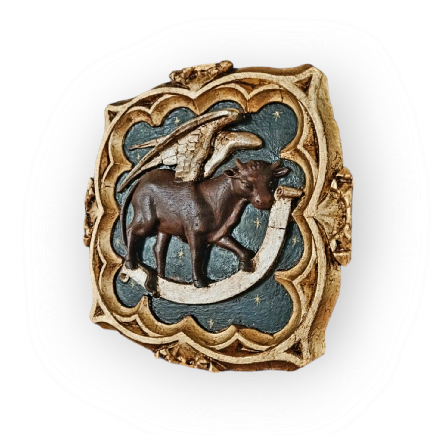 Large Late 18th Century Italian Antique Carved Wood Panel of a Winged Ox, The Symbol of Saint Luke