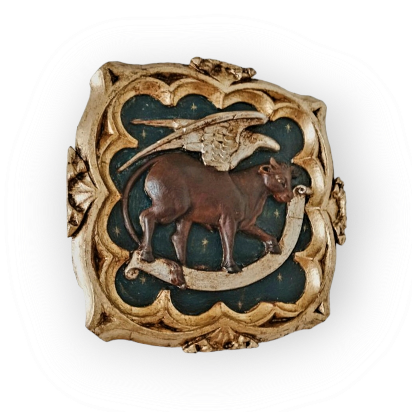 Large Late 18th Century Italian Antique Carved Wood Panel of a Winged Ox, The Symbol of Saint Luke