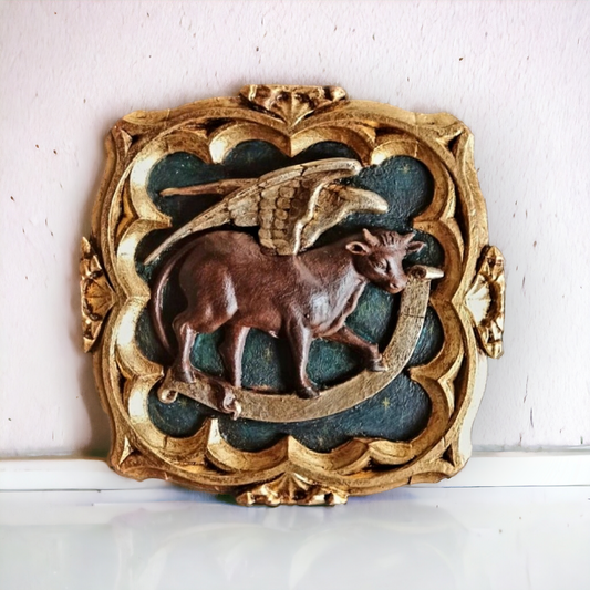 Large Late 18th Century Italian Antique Carved Wood Panel of a Winged Ox, The Symbol of Saint Luke