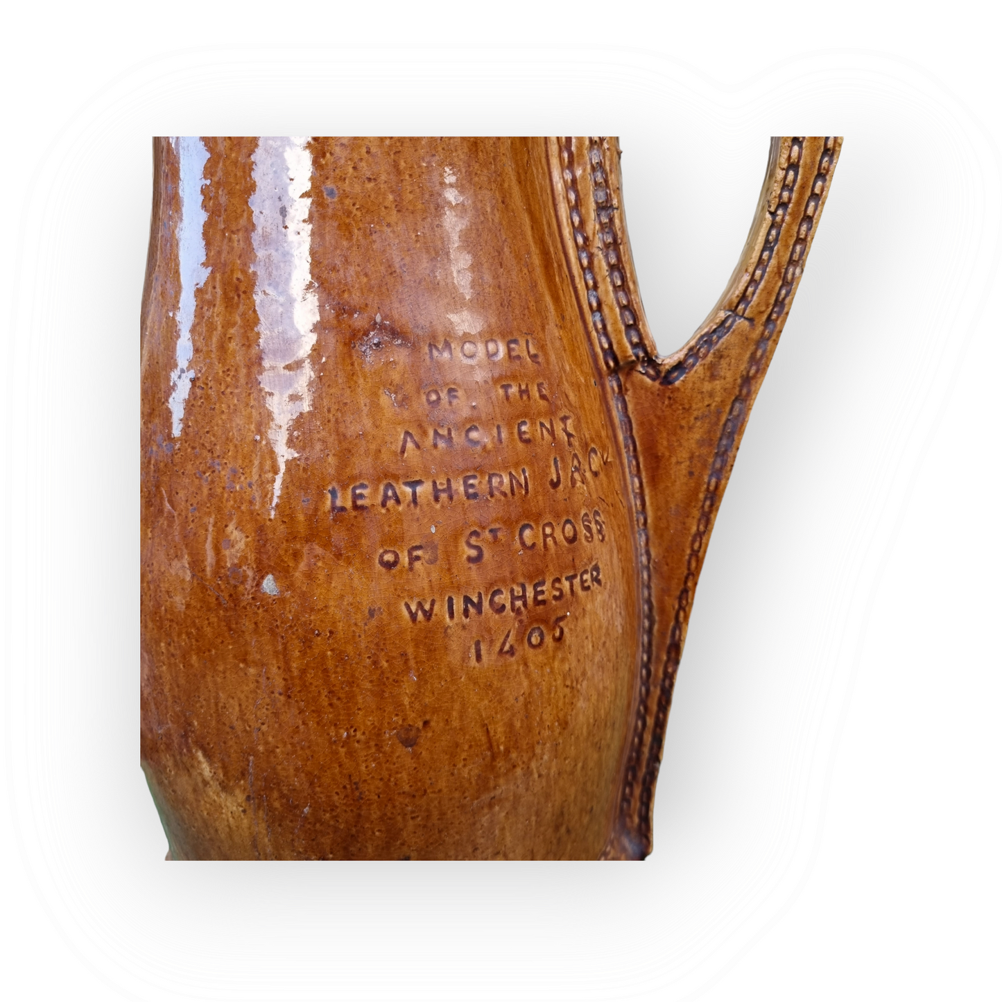 Large 19th Century English Antique Stoneware Jug / Pitcher in the Form of a Leather Bombard Impressed With The Stamp "MODEL OF THE ANCIENT LEATHER JACK OF ST CROSS WINCHESTER 1405".