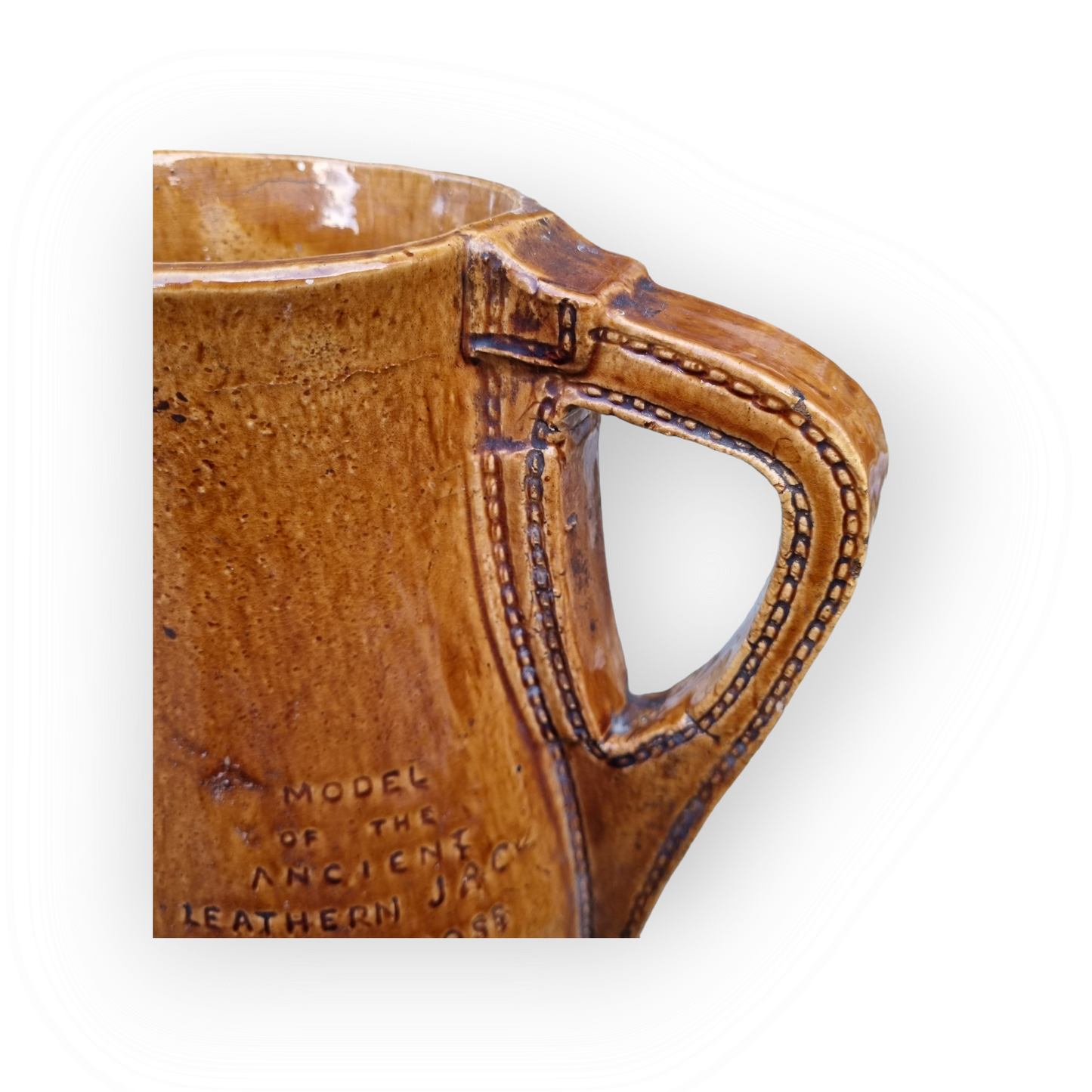 Large 19th Century English Antique Stoneware Jug / Pitcher in the Form of a Leather Bombard Impressed With The Stamp "MODEL OF THE ANCIENT LEATHER JACK OF ST CROSS WINCHESTER 1405".