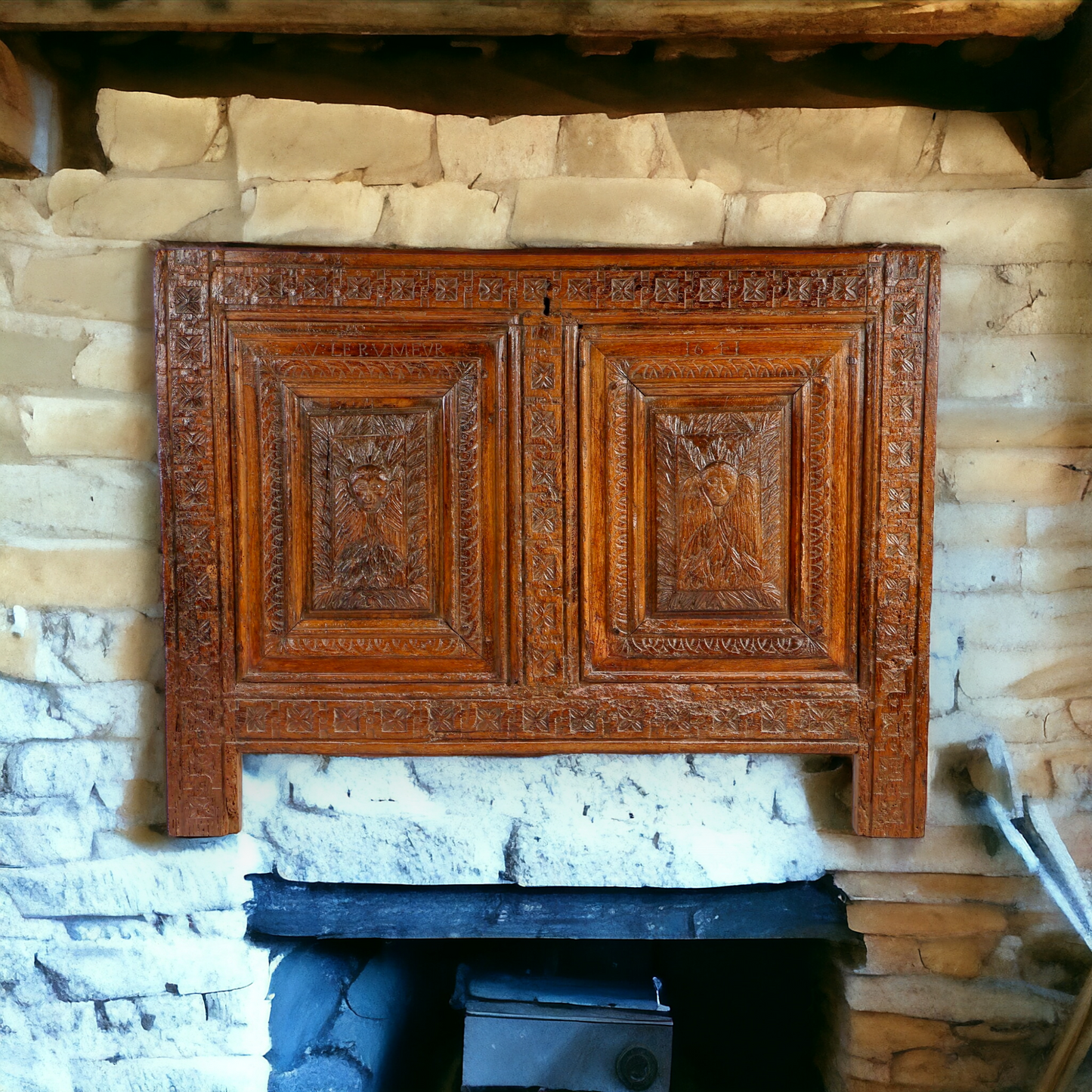 17th Century French Antique Oak Coffer Front Dated 1641 - Ideal as a Headboard