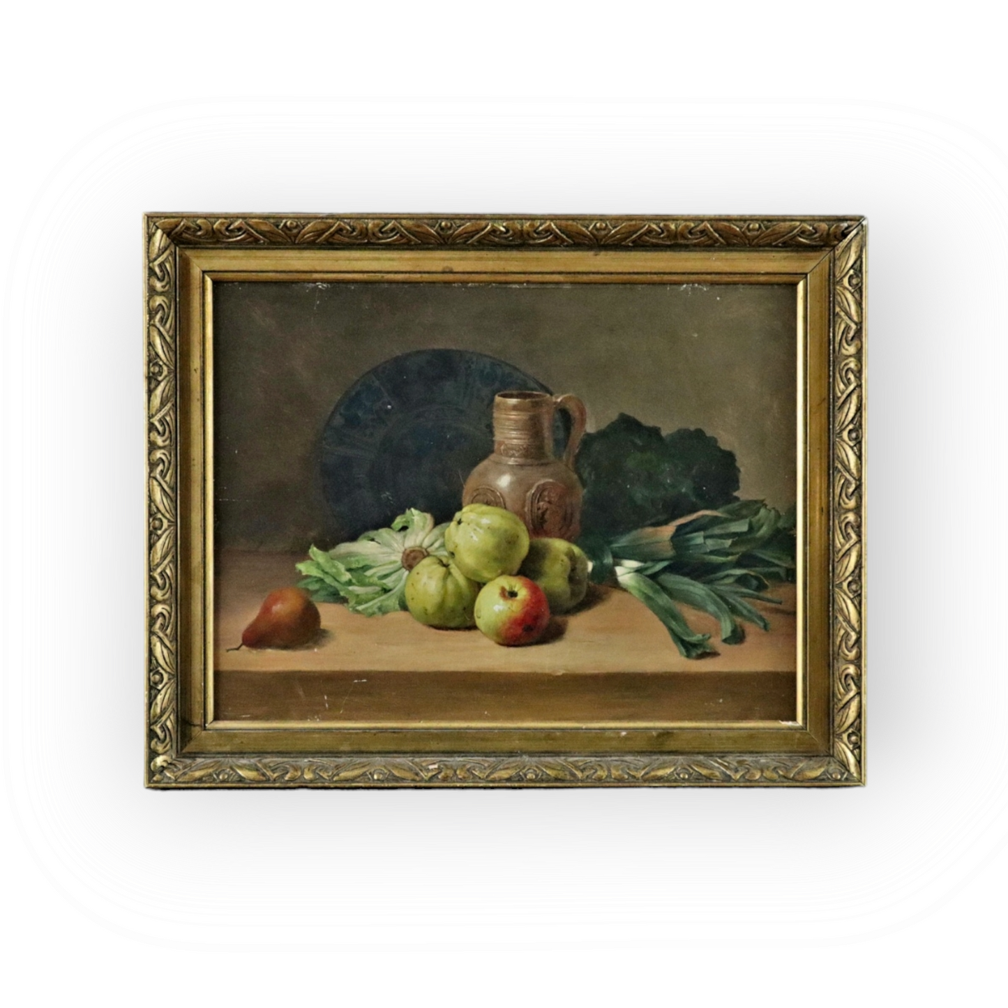 Stolen from our shop! 19th Century Flemish School Antique Still Life Oil Painting With Fruit, Vegetables, 16thC Raeren Stoneware Jug and Delftware Plate