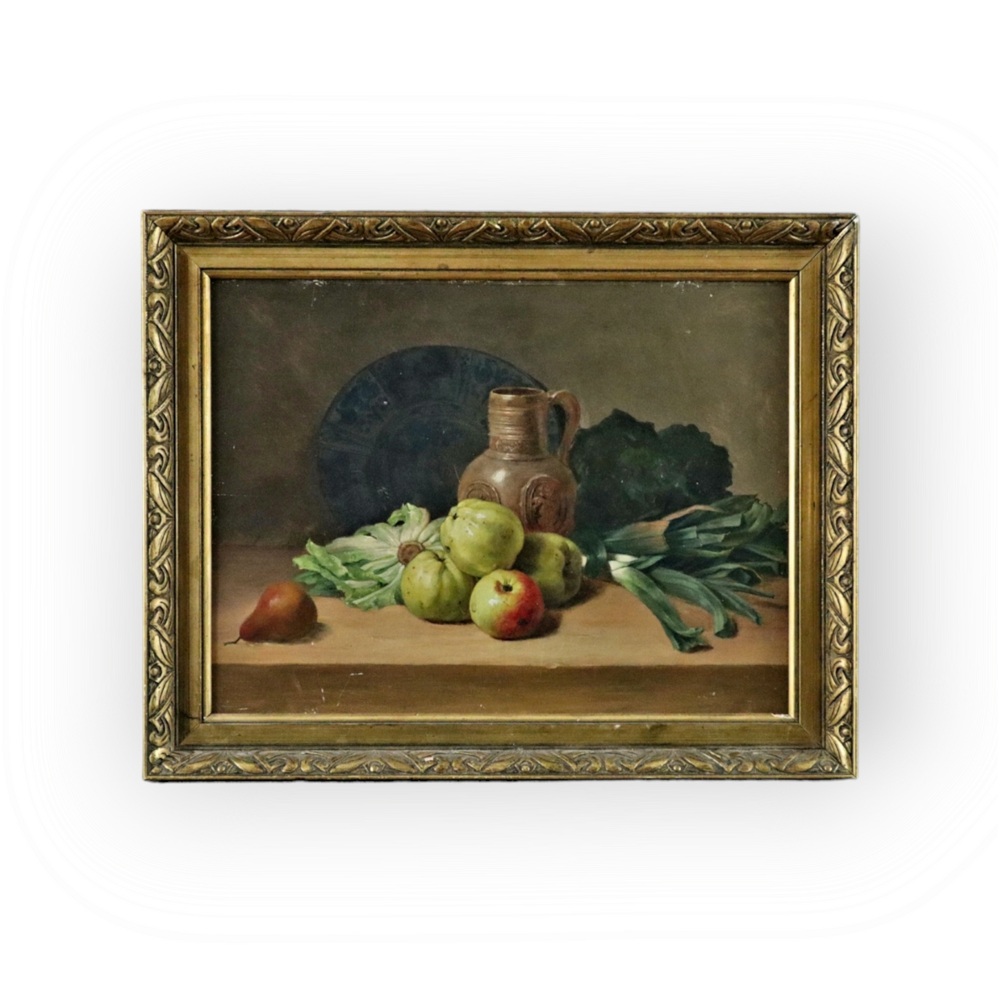 19th Century Flemish School Antique Still Life Oil Painting With Fruit, Vegetables, 16thC Raeren Stoneware Jug and Delftware Plate