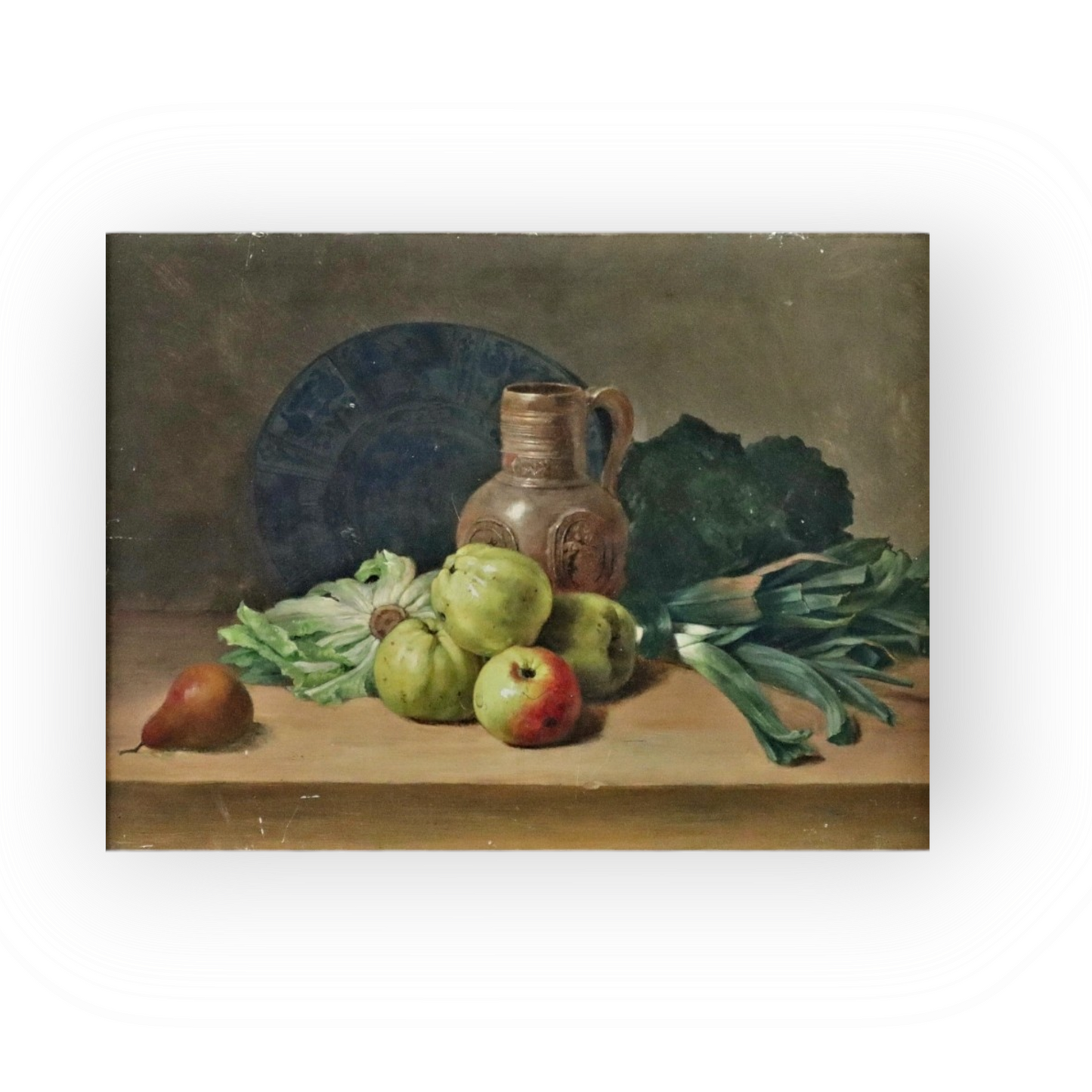 Stolen from our shop! 19th Century Flemish School Antique Still Life Oil Painting With Fruit, Vegetables, 16thC Raeren Stoneware Jug and Delftware Plate