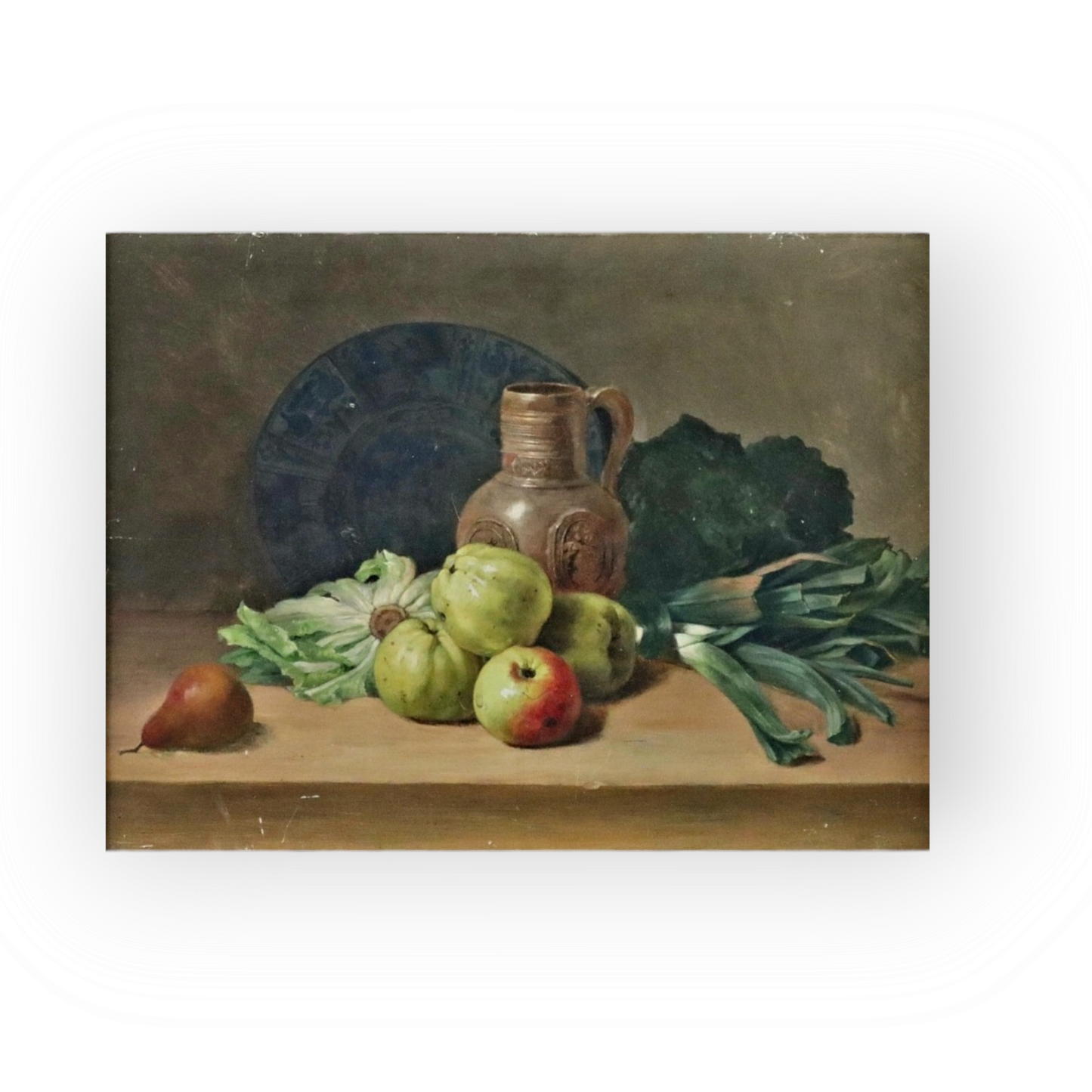 19th Century Flemish School Antique Still Life Oil Painting With Fruit, Vegetables, 16thC Raeren Stoneware Jug and Delftware Plate