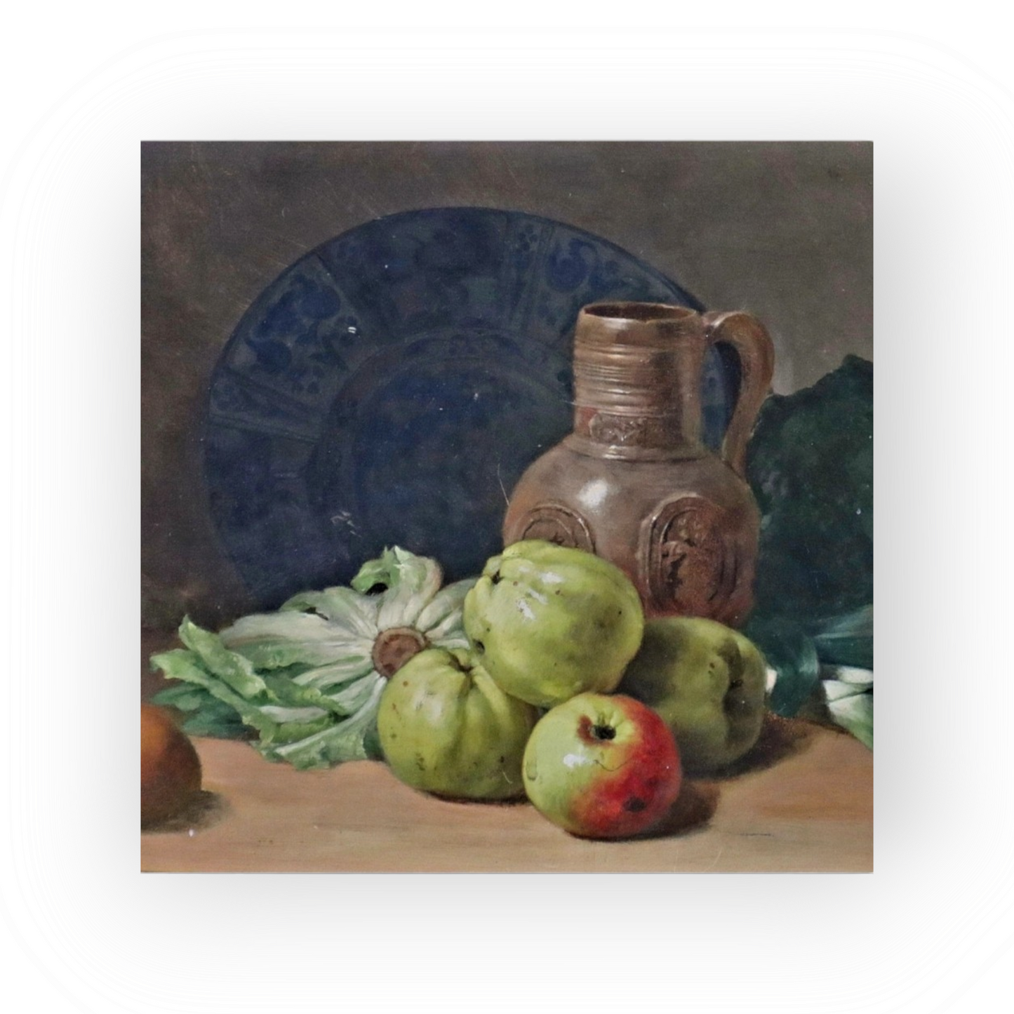 Stolen from our shop! 19th Century Flemish School Antique Still Life Oil Painting With Fruit, Vegetables, 16thC Raeren Stoneware Jug and Delftware Plate