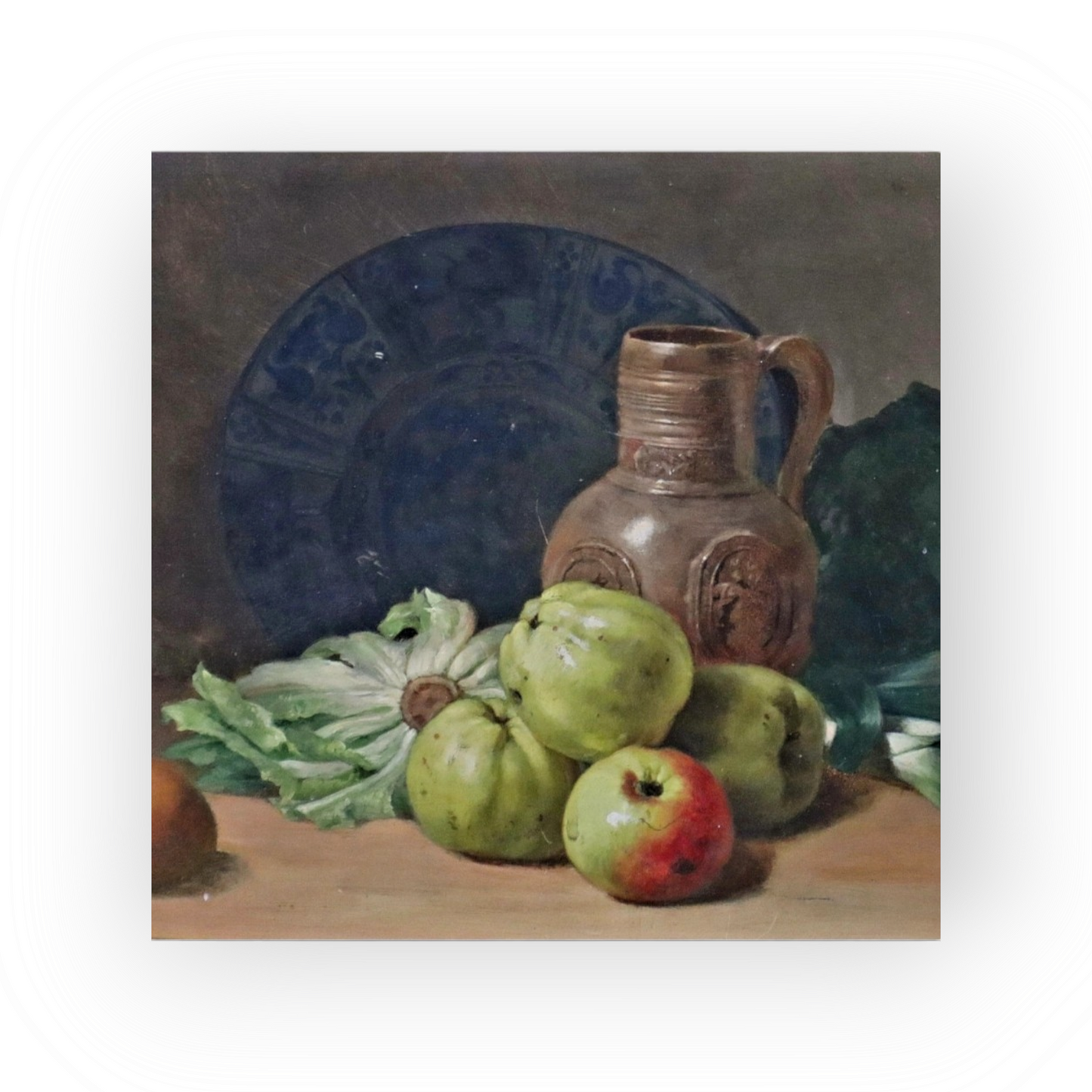 19th Century Flemish School Antique Still Life Oil Painting With Fruit, Vegetables, 16thC Raeren Stoneware Jug and Delftware Plate