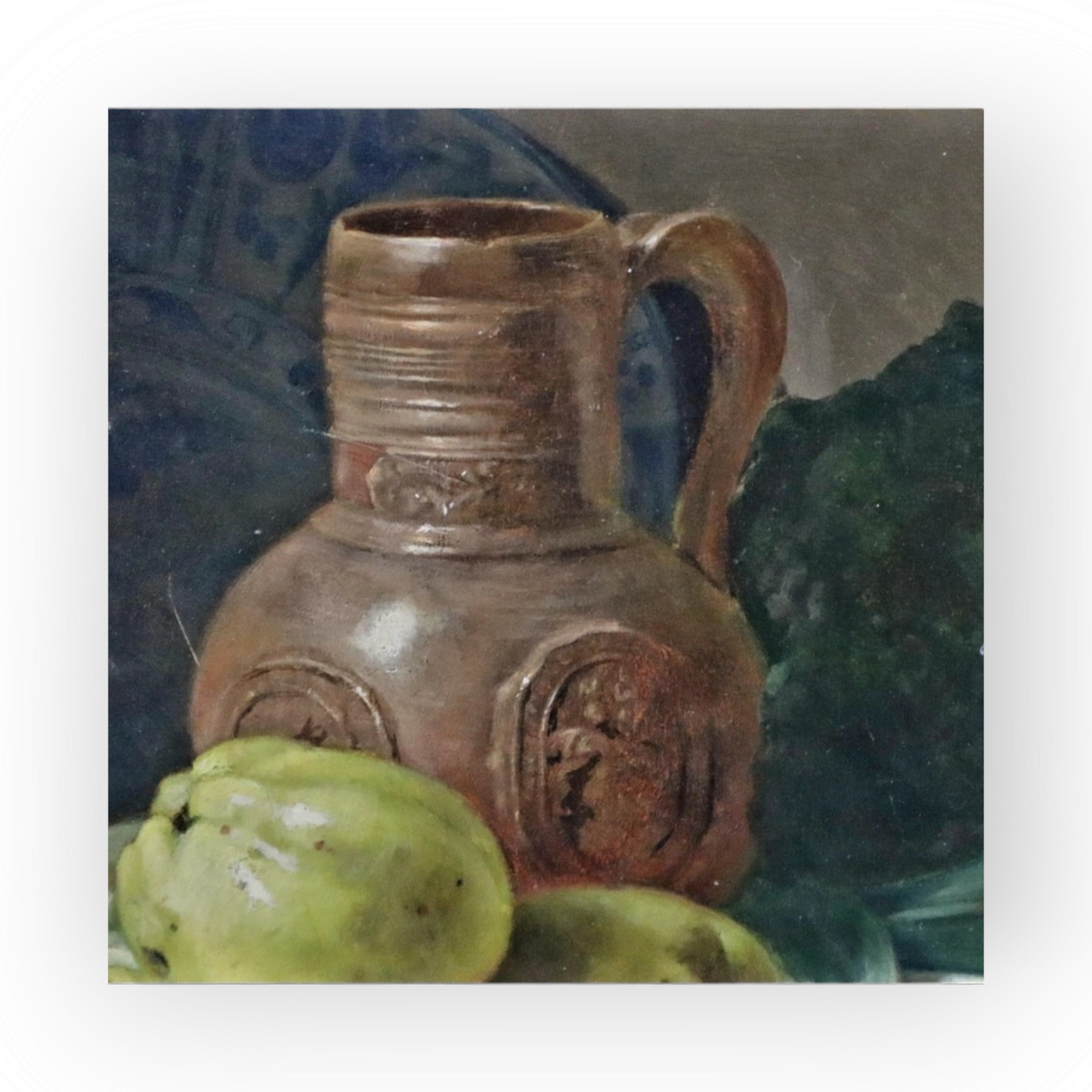 Stolen from our shop! 19th Century Flemish School Antique Still Life Oil Painting With Fruit, Vegetables, 16thC Raeren Stoneware Jug and Delftware Plate