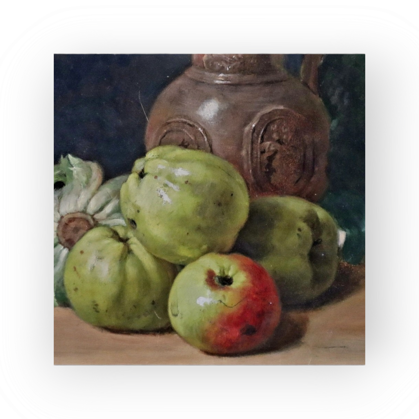 19th Century Flemish School Antique Still Life Oil Painting With Fruit, Vegetables, 16thC Raeren Stoneware Jug and Delftware Plate