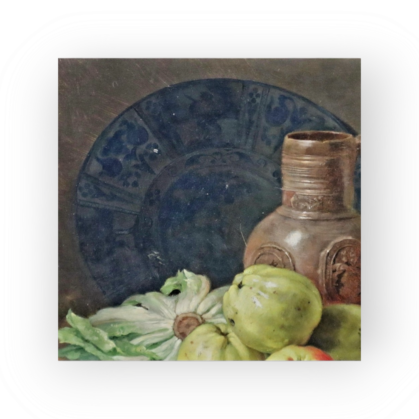 19th Century Flemish School Antique Still Life Oil Painting With Fruit, Vegetables, 16thC Raeren Stoneware Jug and Delftware Plate