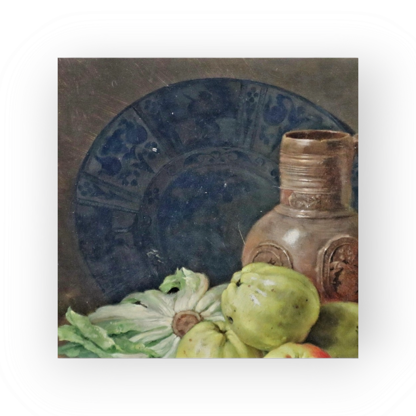 Stolen from our shop! 19th Century Flemish School Antique Still Life Oil Painting With Fruit, Vegetables, 16thC Raeren Stoneware Jug and Delftware Plate