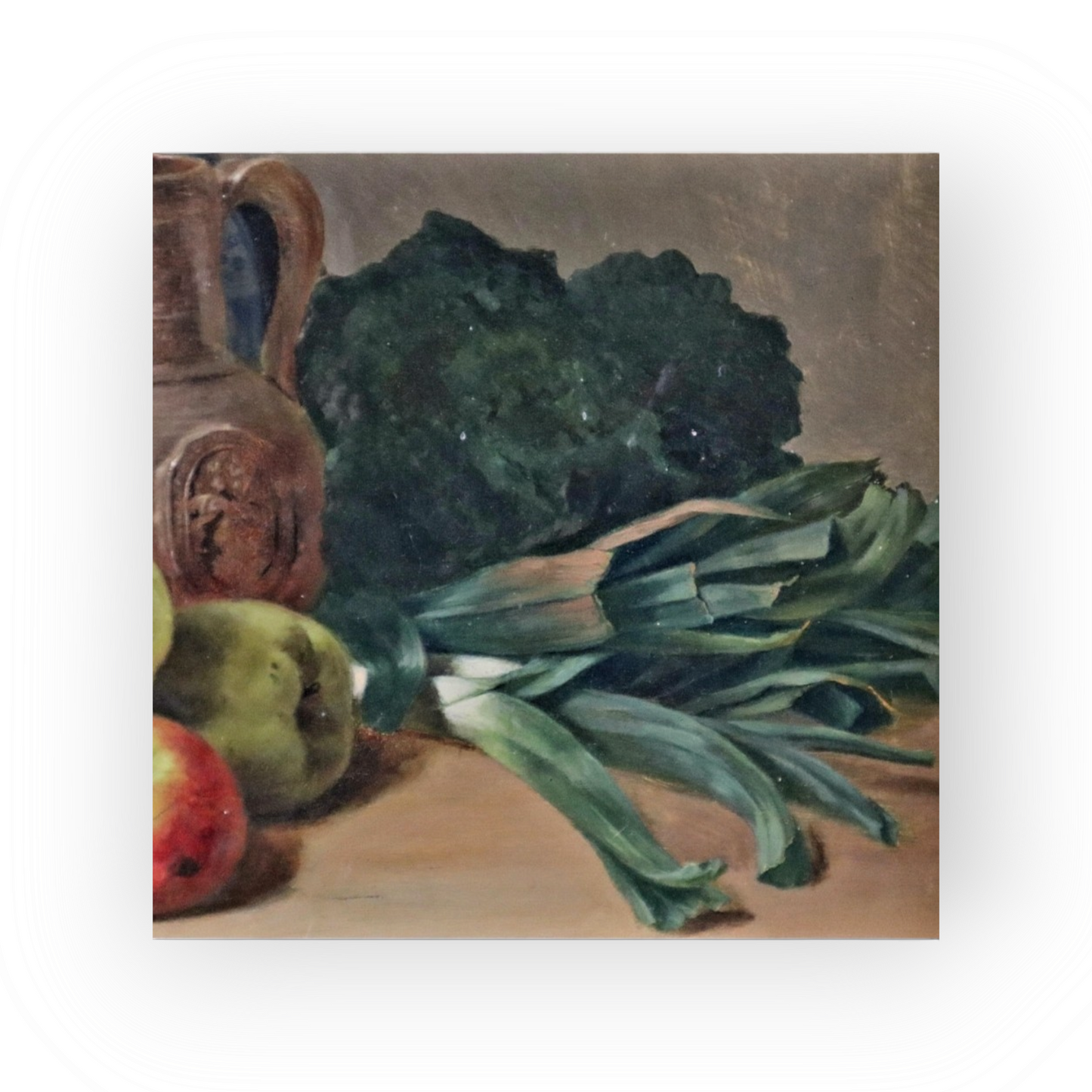 Stolen from our shop! 19th Century Flemish School Antique Still Life Oil Painting With Fruit, Vegetables, 16thC Raeren Stoneware Jug and Delftware Plate
