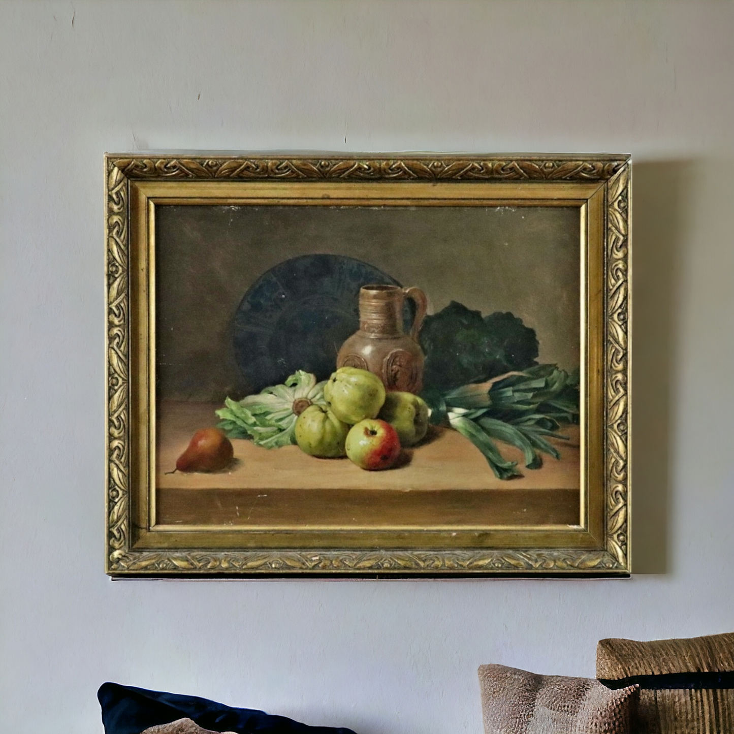 Stolen from our shop! 19th Century Flemish School Antique Still Life Oil Painting With Fruit, Vegetables, 16thC Raeren Stoneware Jug and Delftware Plate