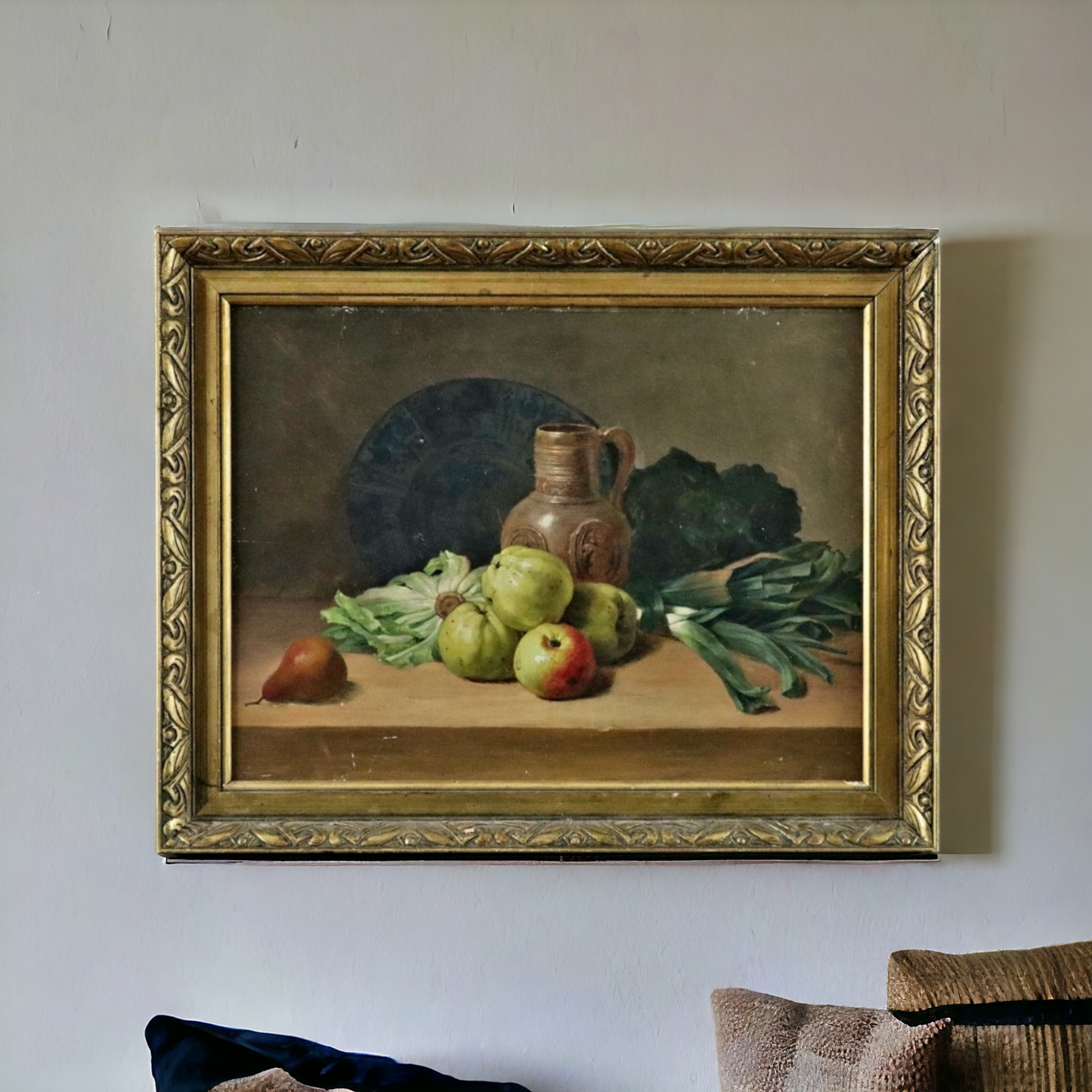 19th Century Flemish School Antique Still Life Oil Painting With Fruit, Vegetables, 16thC Raeren Stoneware Jug and Delftware Plate