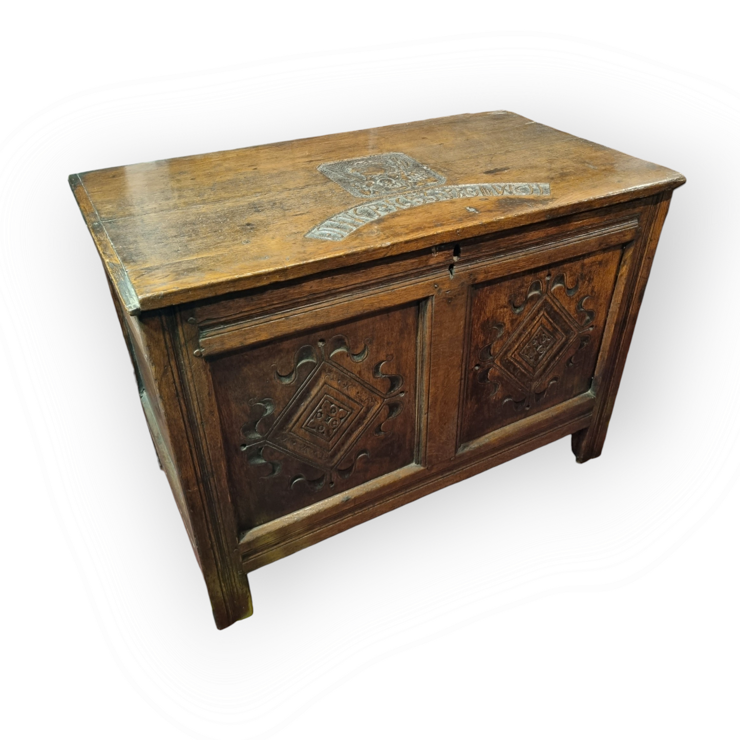 Oliver Cromwell / English Civil War Interest - A 17th Century English Antique Oak Coffer / Chest, The Top Inscribed "Oliver Cromwell 1653"