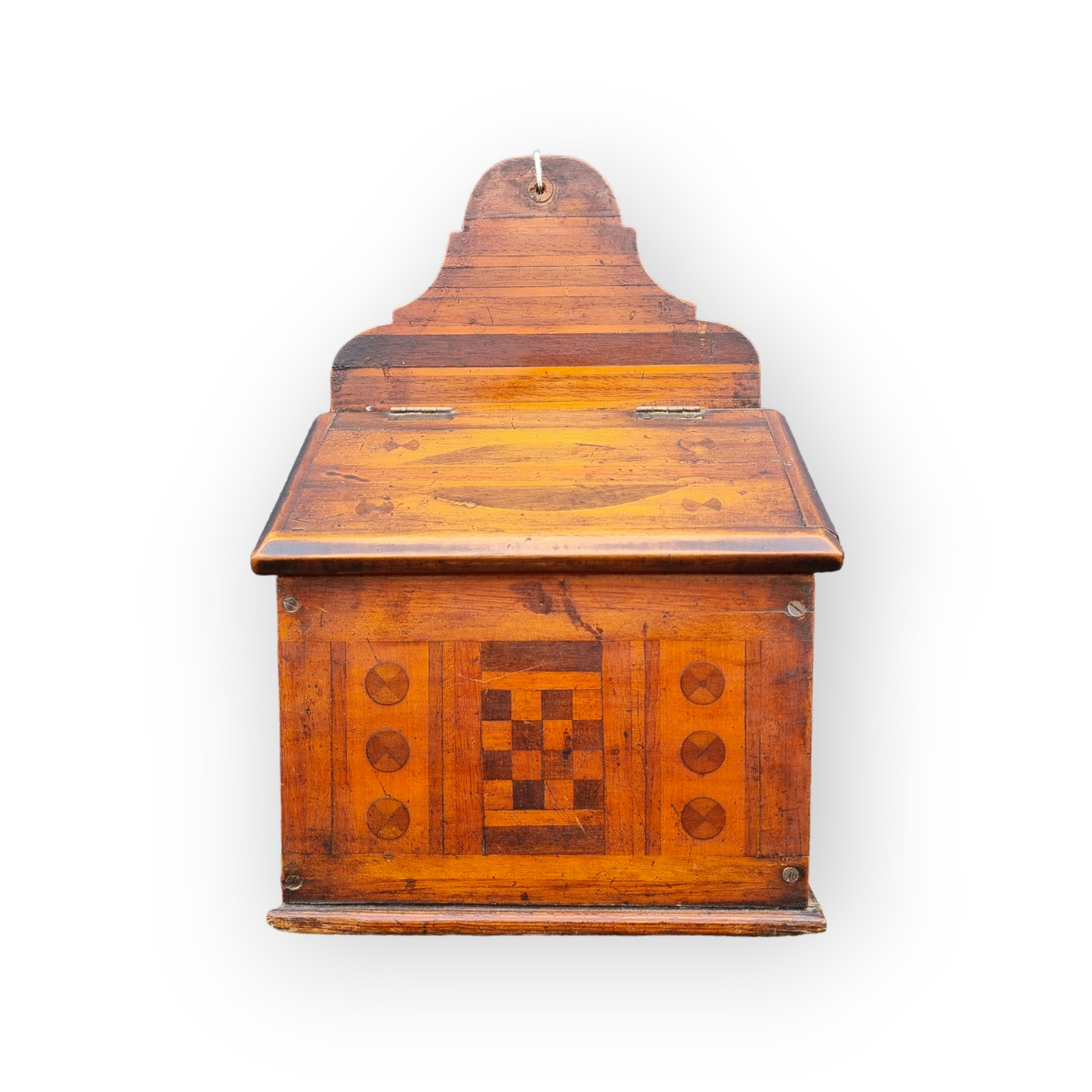 19th Century English Antique Veneered Salt Box With Marquetry Inlay