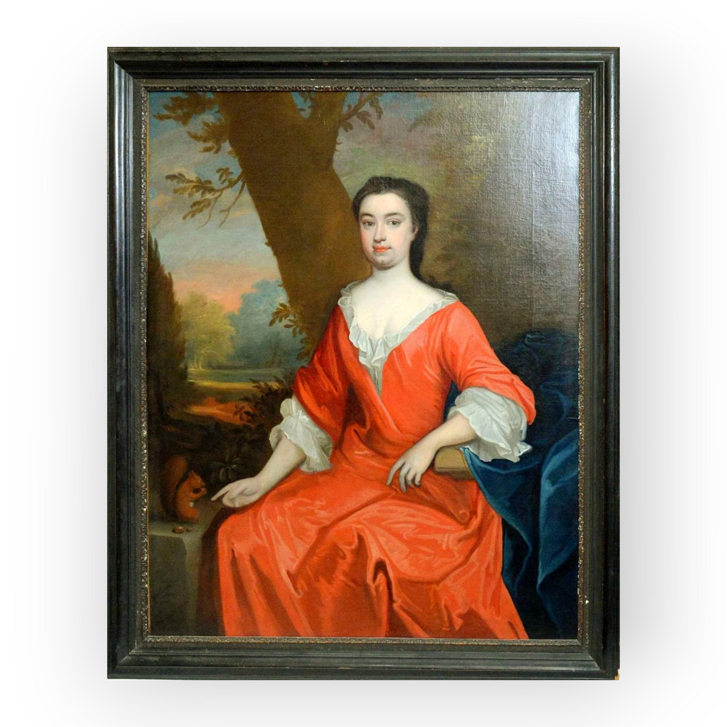 Follower of Michael Dahl (1659–1743) - A Large late 17th Century English School Antique Oil On Canvas Portrait Of An Aristocratic Lady Gesturing Towards A Red Squirrel