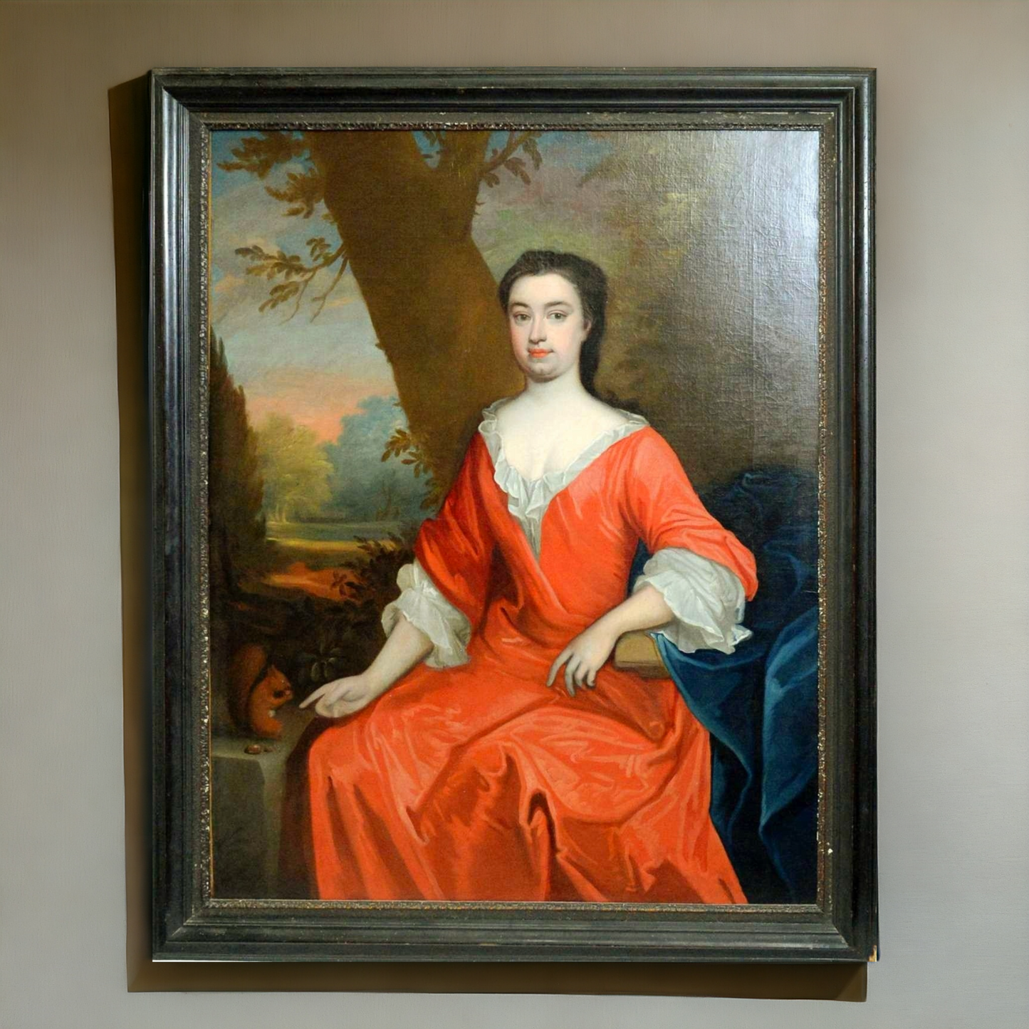 Follower of Michael Dahl (1659–1743) - A Large late 17th Century English School Antique Oil On Canvas Portrait Of An Aristocratic Lady Gesturing Towards A Red Squirrel