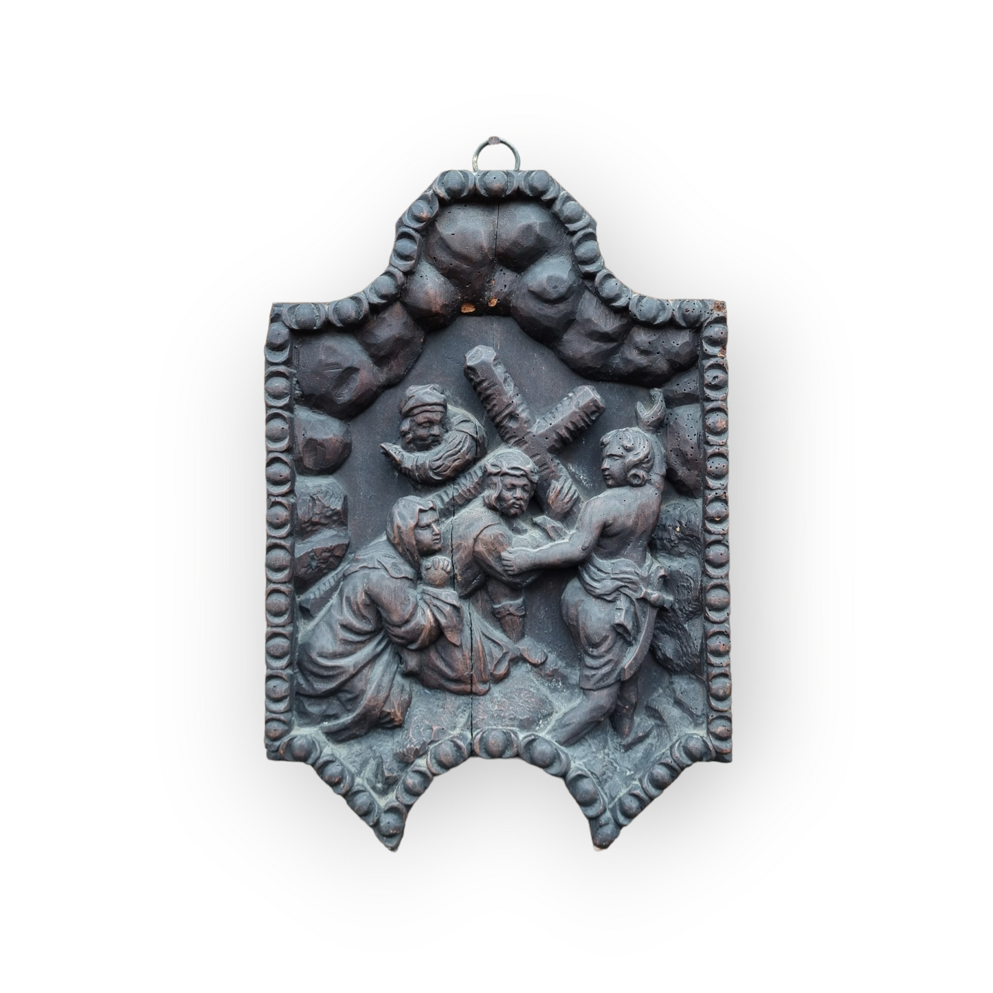 Late 17th Century North European School Antique Carved Wooden Panel Depicting The Road To Calvary
