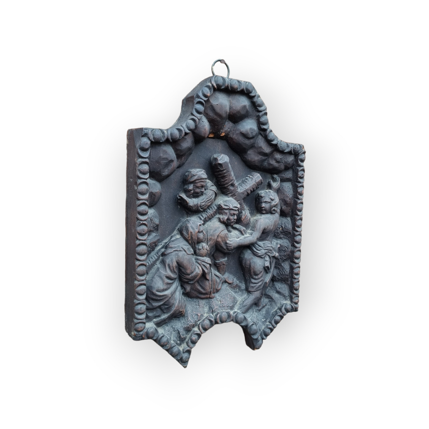 Late 17th Century North European School Antique Carved Wooden Panel Depicting The Road To Calvary