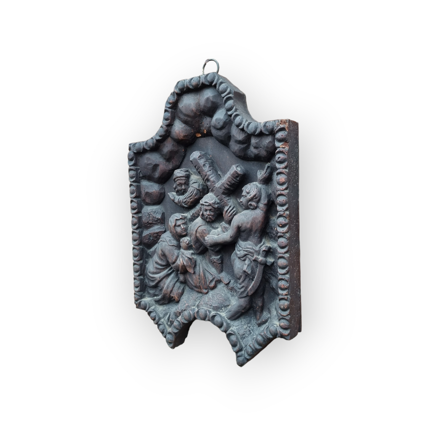 Late 17th Century North European School Antique Carved Wooden Panel Depicting The Road To Calvary