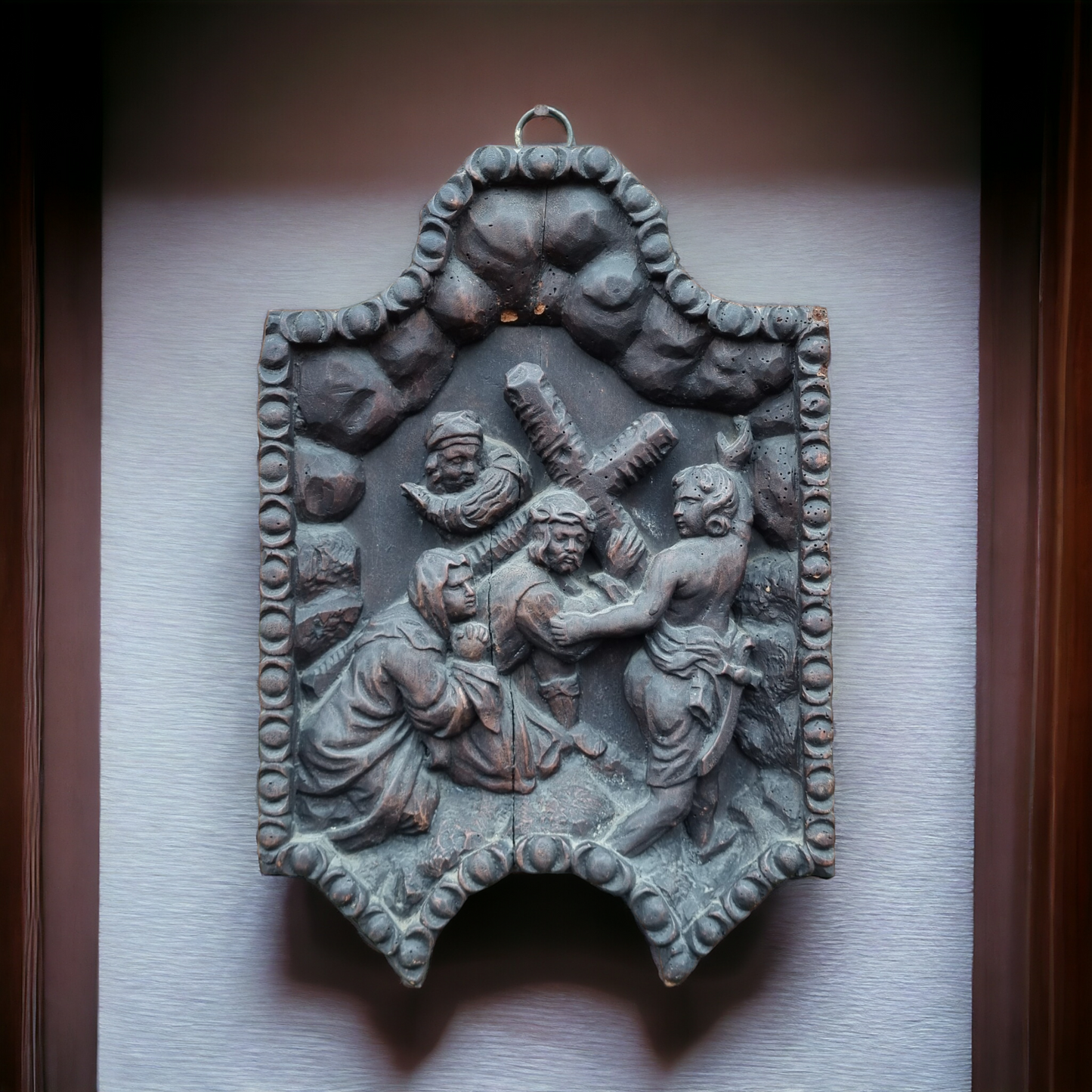 Late 17th Century North European School Antique Carved Wooden Panel Depicting The Road To Calvary