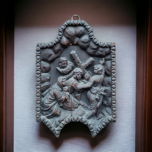 Late 17th Century North European School Antique Carved Wooden Panel Depicting The Road To Calvary