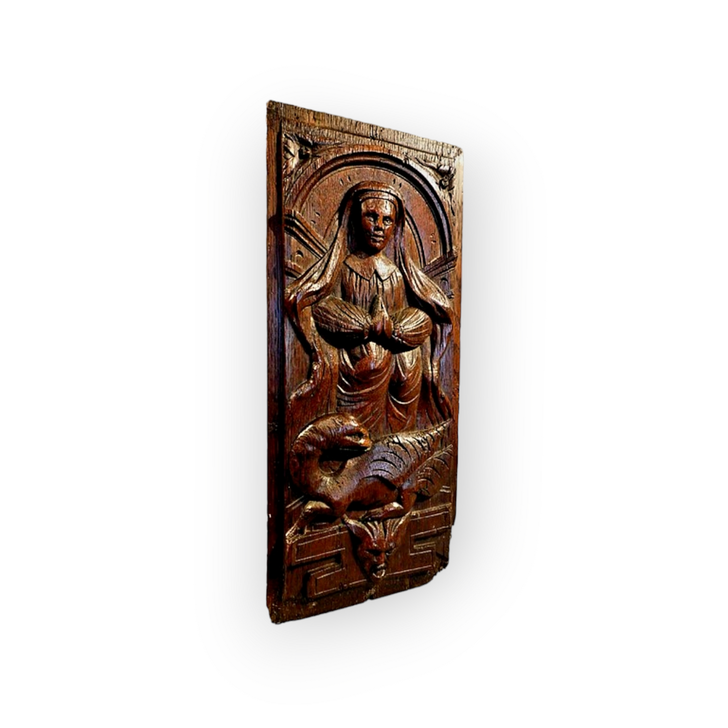 Early 17th Century French Antique Carved Oak Panel of Saint Margaret of Antioch