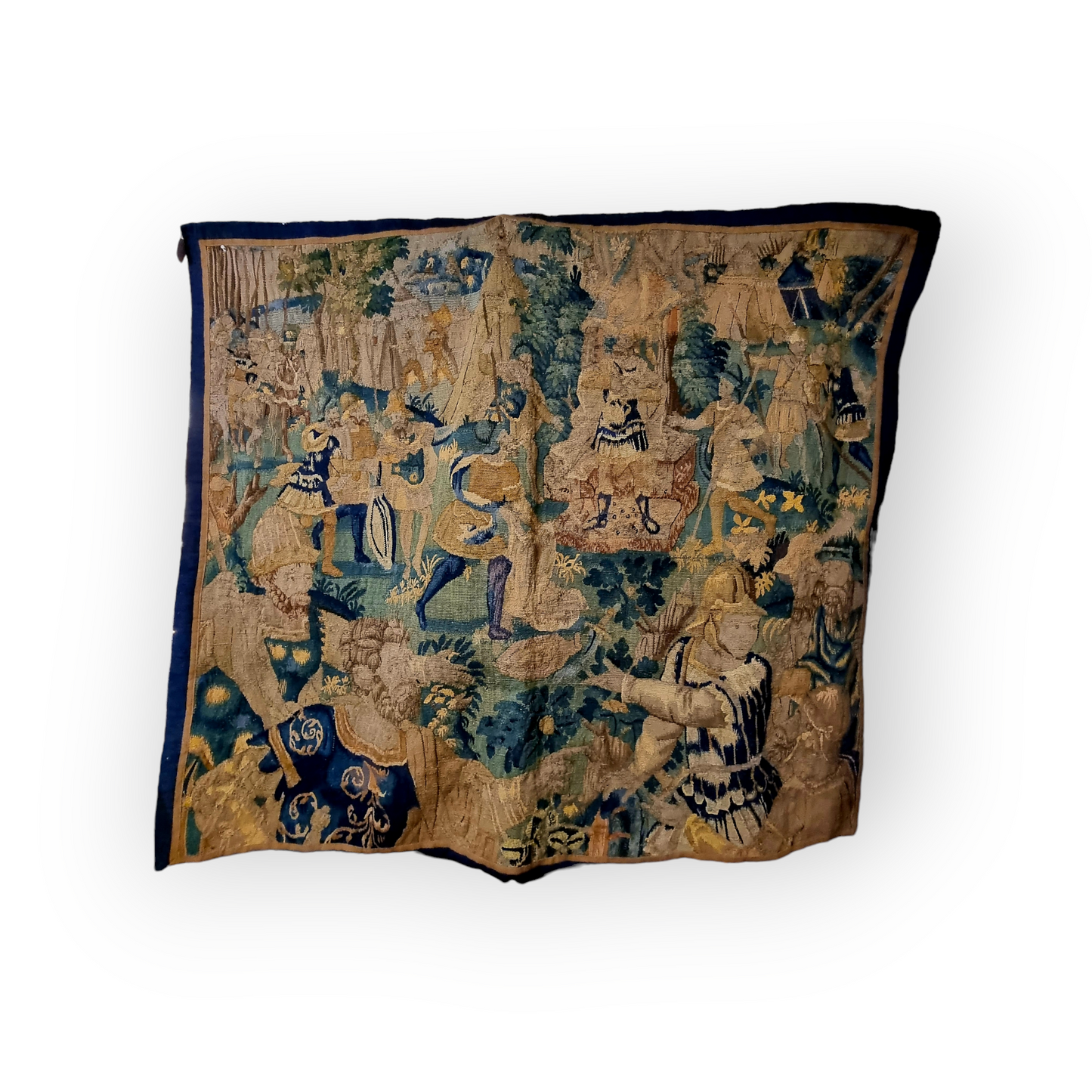 A Large Late 16th Century Flemish Antique Verdure Tapestry Fragment Depicting Soldiers and Cavalry