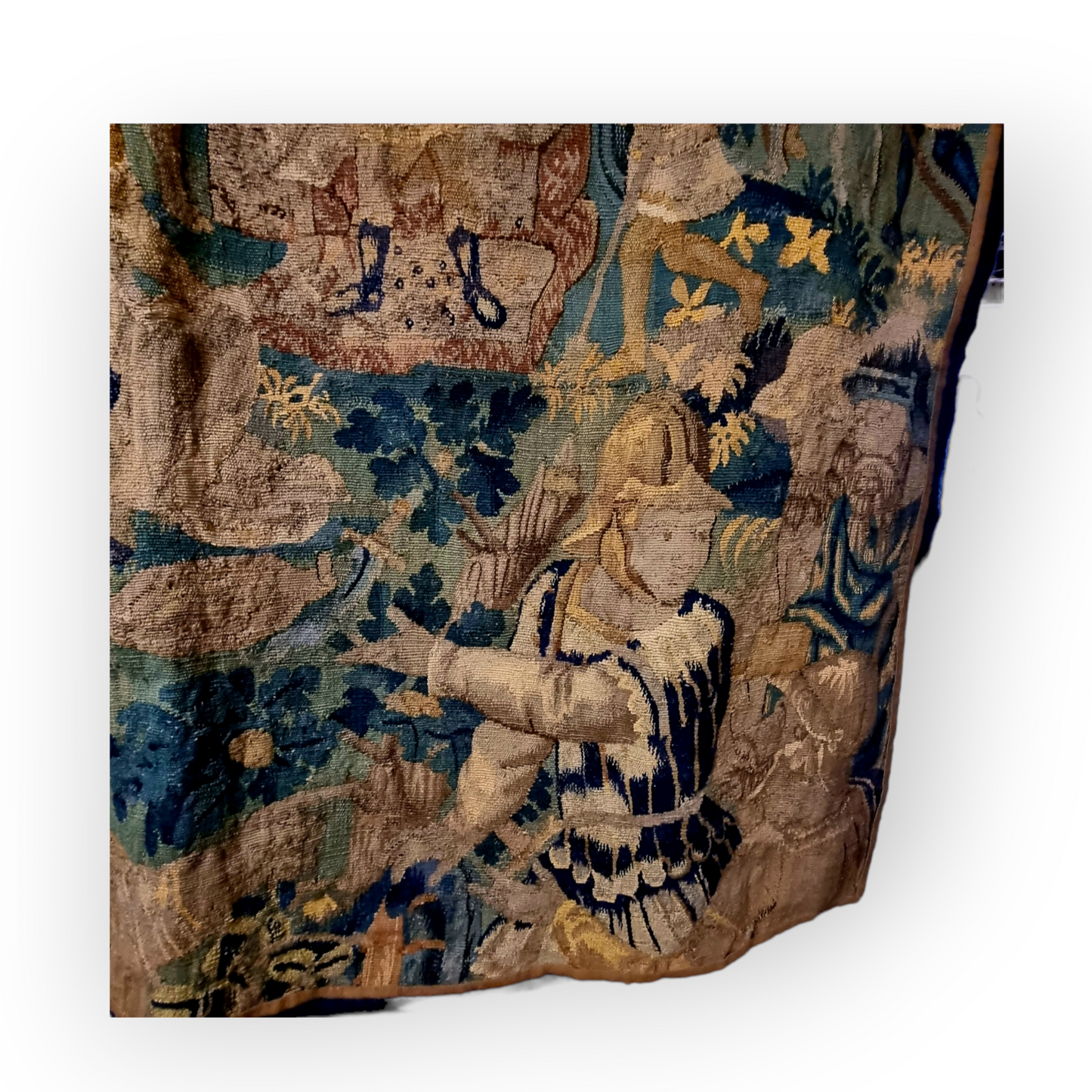 A Large Late 16th Century Flemish Antique Verdure Tapestry Fragment Depicting Soldiers and Cavalry