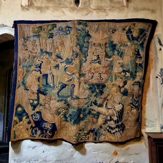 A Large Late 16th Century Flemish Antique Verdure Tapestry Fragment Depicting Soldiers and Cavalry