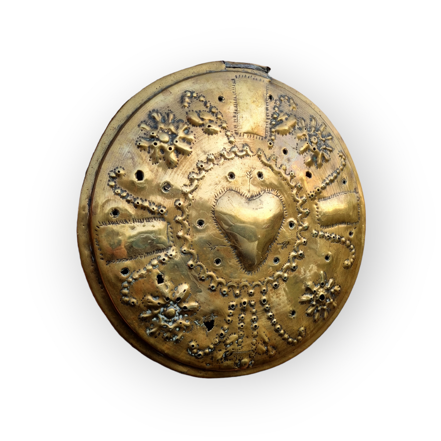 17thC Scottish Antique Brass Repousee-Worked Warming Pan Lid Decorated With A Love Heart