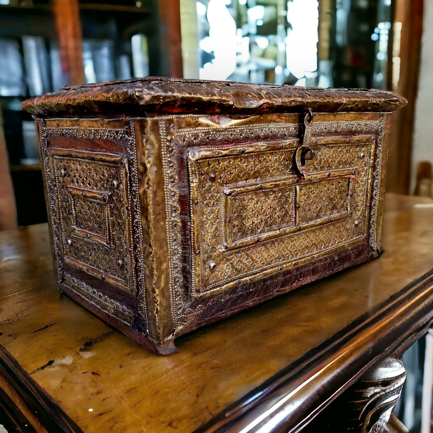 19th Century Anglo-Indian Antique Repousee-Worked Brass Table Top Dowry Chest or Casket