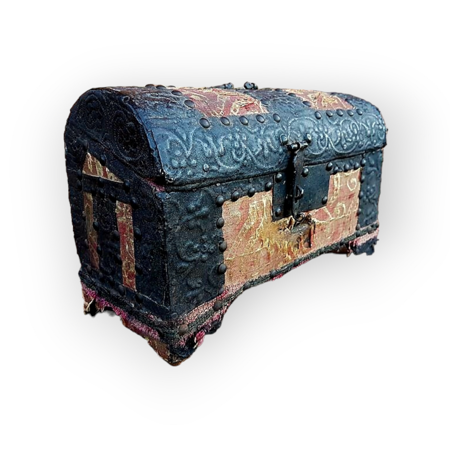 Mid-17th Century Iberian Antique Repousee-Worked Sheet Iron And Velvet Covered Table Casket / Table Top Box, Circa 1650