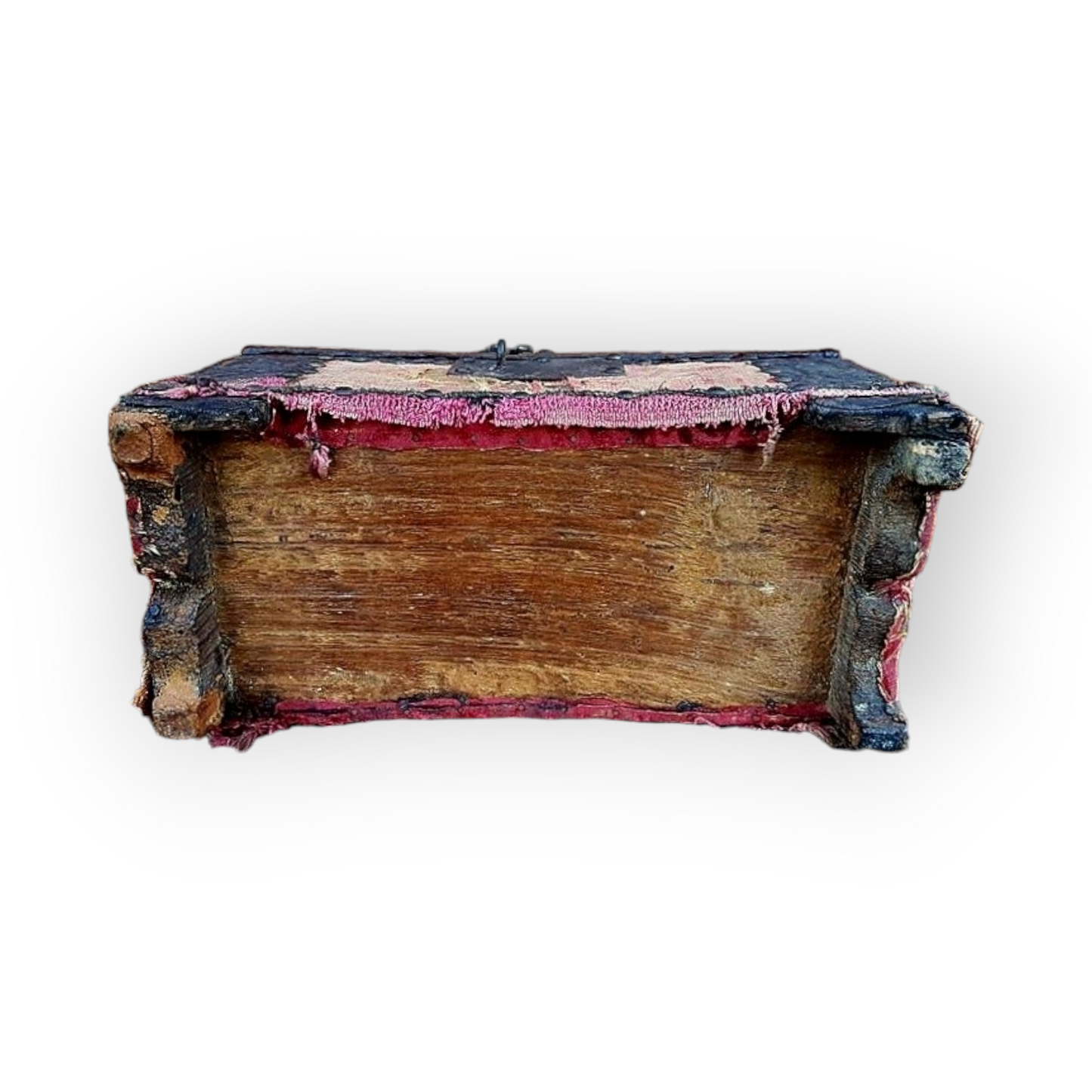 Mid-17th Century Iberian Antique Repousee-Worked Sheet Iron And Velvet Covered Table Casket / Table Top Box, Circa 1650